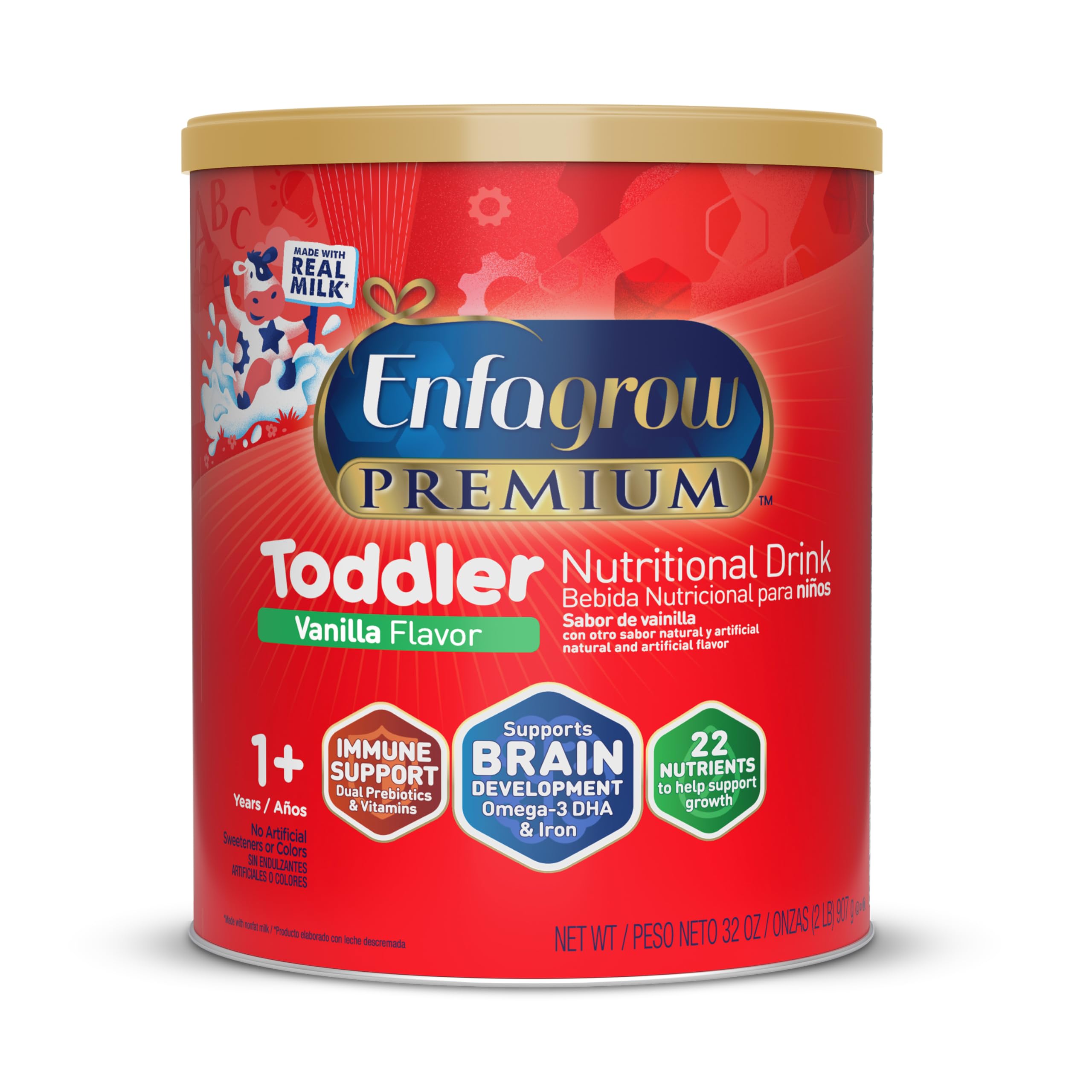 Enfagrow Premium Toddler Nutritional Drink, Natural Vanilla Flavor, Omega-3 DHA for Brain Support, Prebiotics & Vitamins for Immune Health, Non-GMO, Powder Can, 32 Oz (Pack of 1