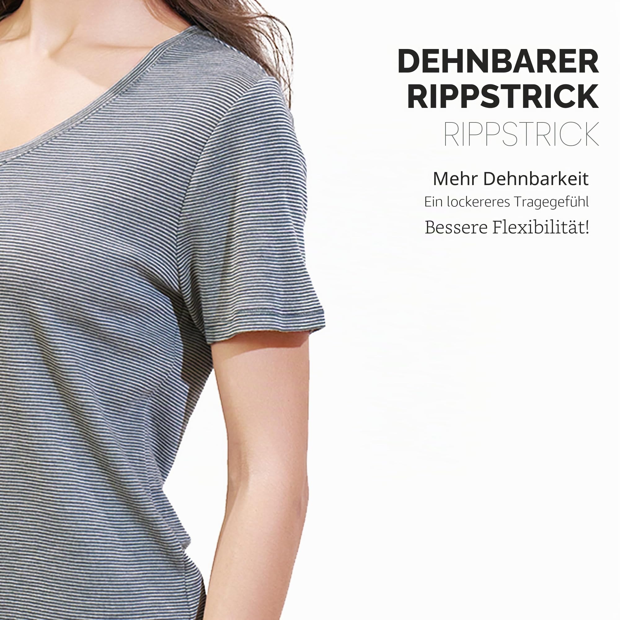 Merino Protect 100% Merino Shirt Damen Kurzarm V-Ausschnitt Geruchsabweisendes T-Shirt Merinowolle Unterwäsche Komfort Merino Wolle Tshirt Unterhemd (Staubblaue Streifen,X-Large)