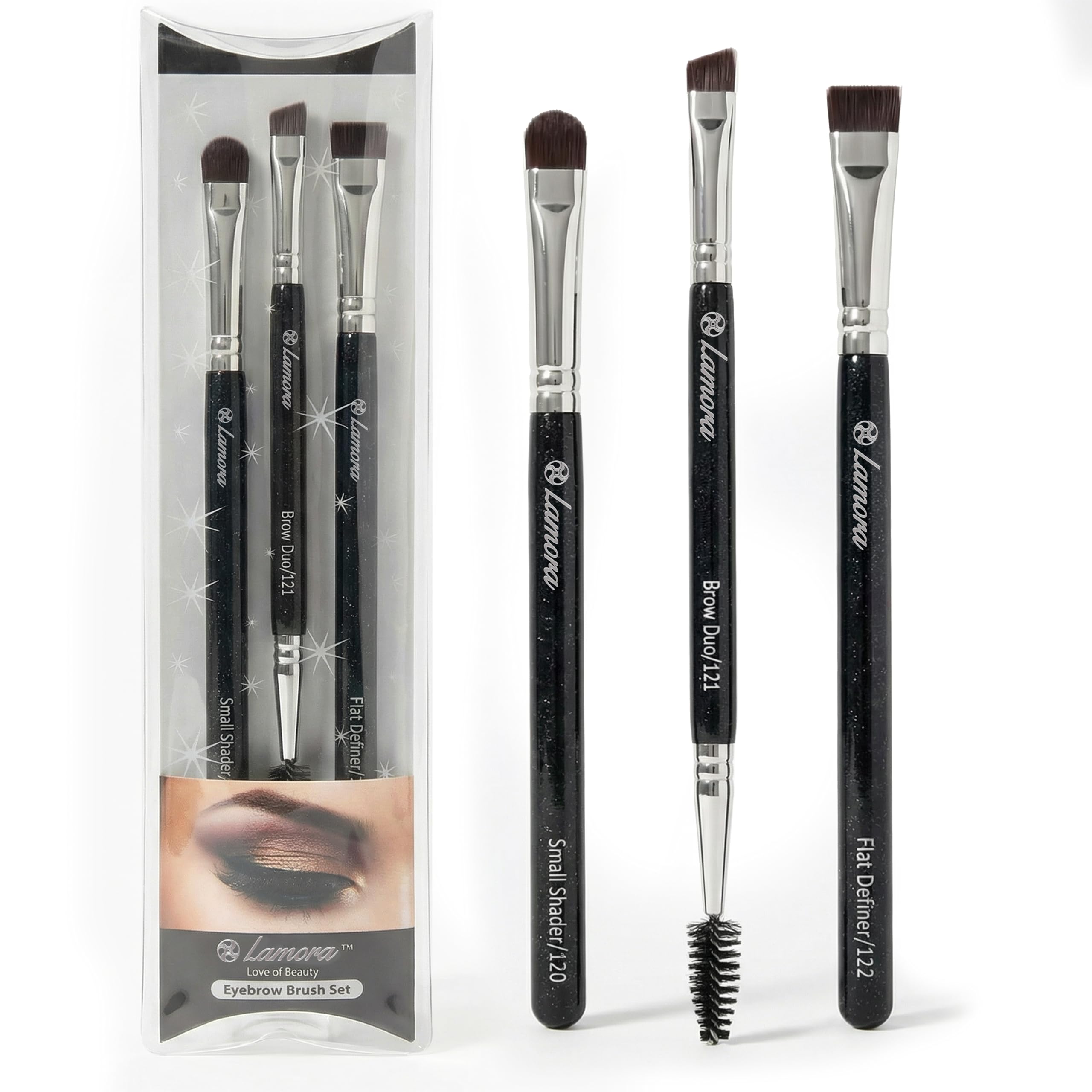 Eyebrow Brush - Duo Eye Brow Spoolie - Angled Eyeshadow Eyeliner - Precision Flat Definer - Small Shader - 3 Piece Makeup Brush Set - Cruelty Free Synthetic Bristles