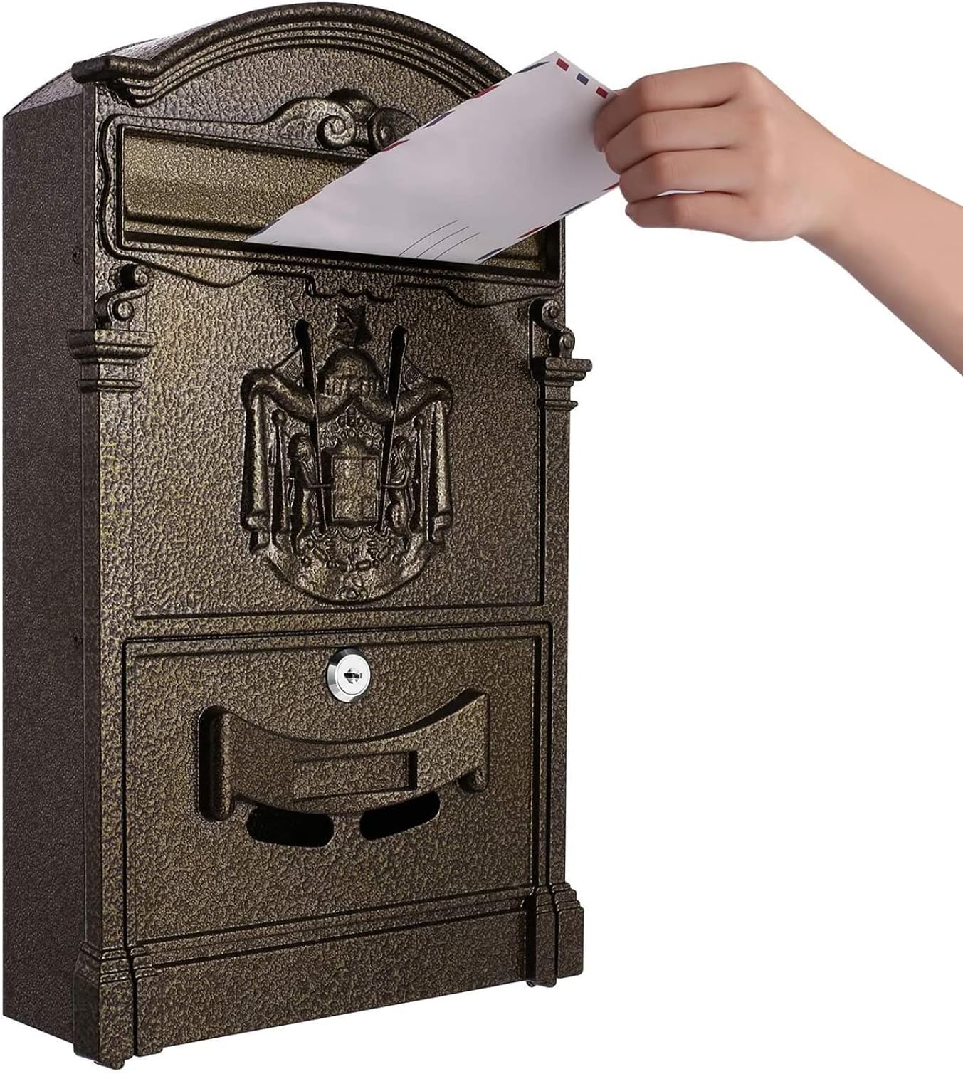 Tooluck Wall Mounted Post Box, Large Capacity Home Mailbox, Standardized Outdoor Letterbox, Vintage Bronze Metal Post Box