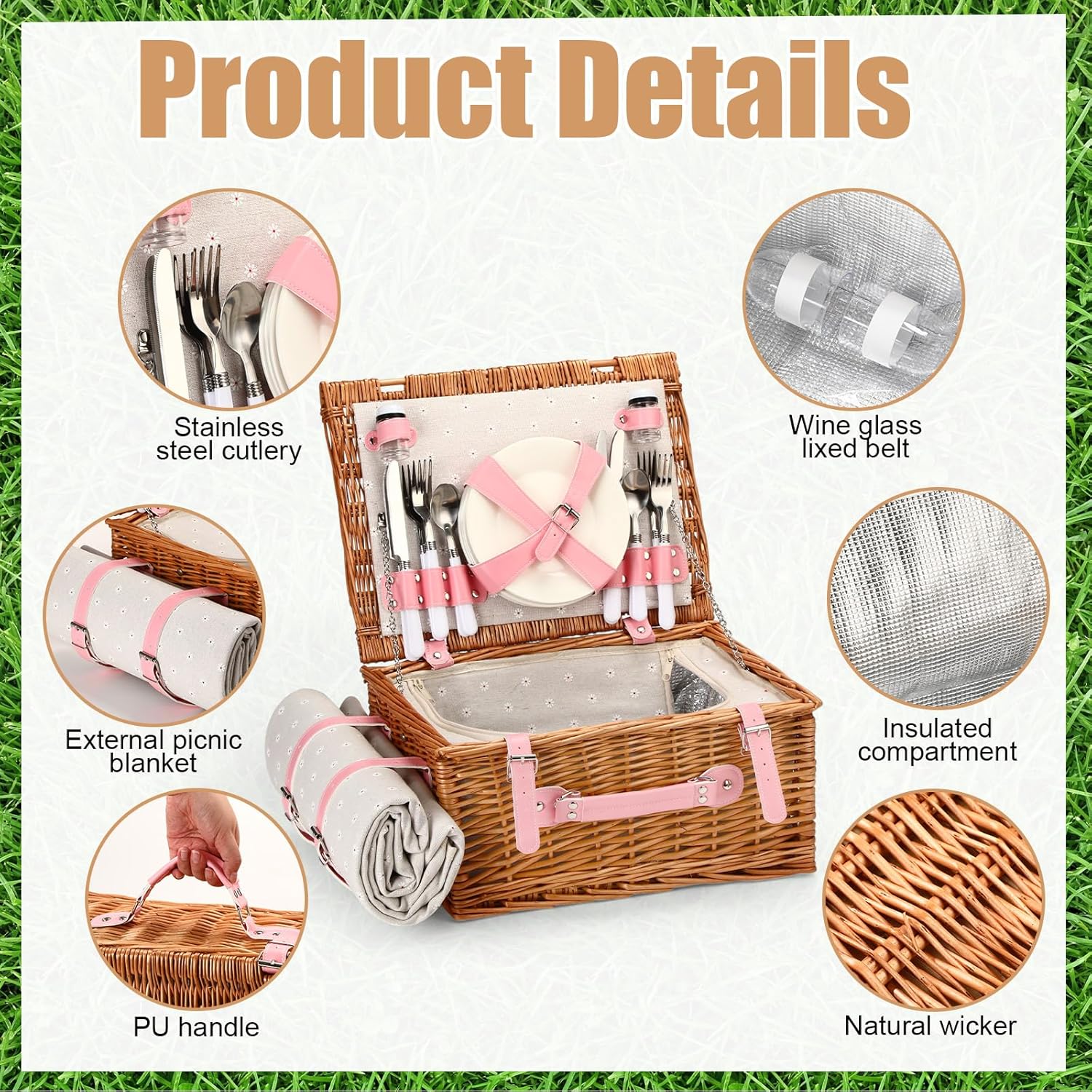 Briwooody Wicker Picnic Basket Set for 4 with Foldable Bamboo Camping Table, Round Bamboo Cutting Board Outdoor Dining Set with Utensils Plates and Blanket for Camping Beach Backyard Party