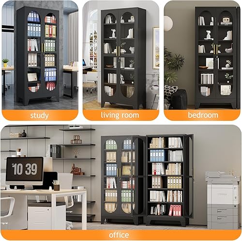 Miniatura 30 de Gabinete de almacenamiento de despensa negro de 61 pulgadas, armario de despensa de cocina con puertas y estantes de vidrio acrílico, con pie de