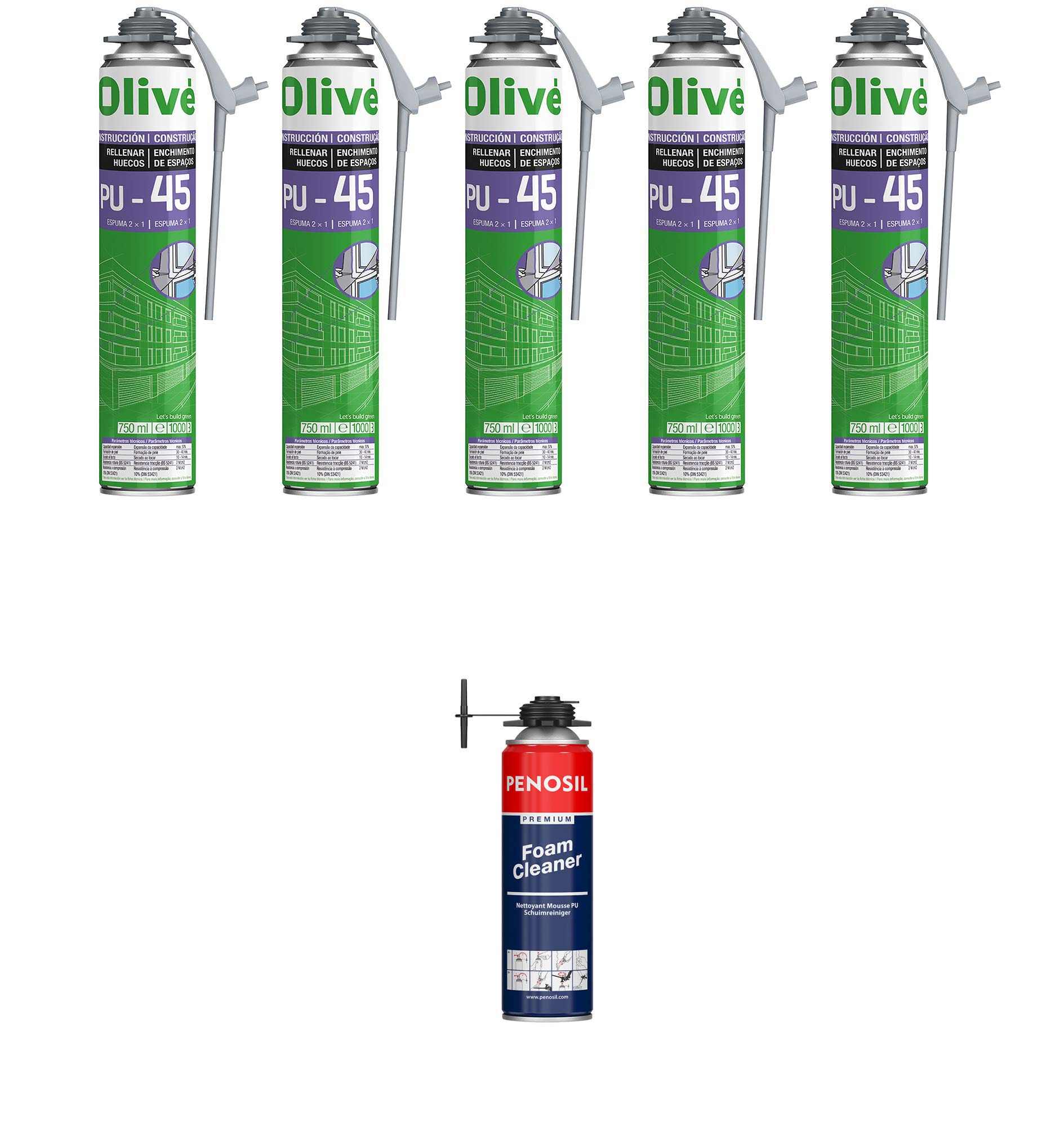 5 espumas expansivas de poliuretano de 750 ml + 1 limpiador – Aplicación combinada: pistola y/o manual – Trabajo limpio y cuidado