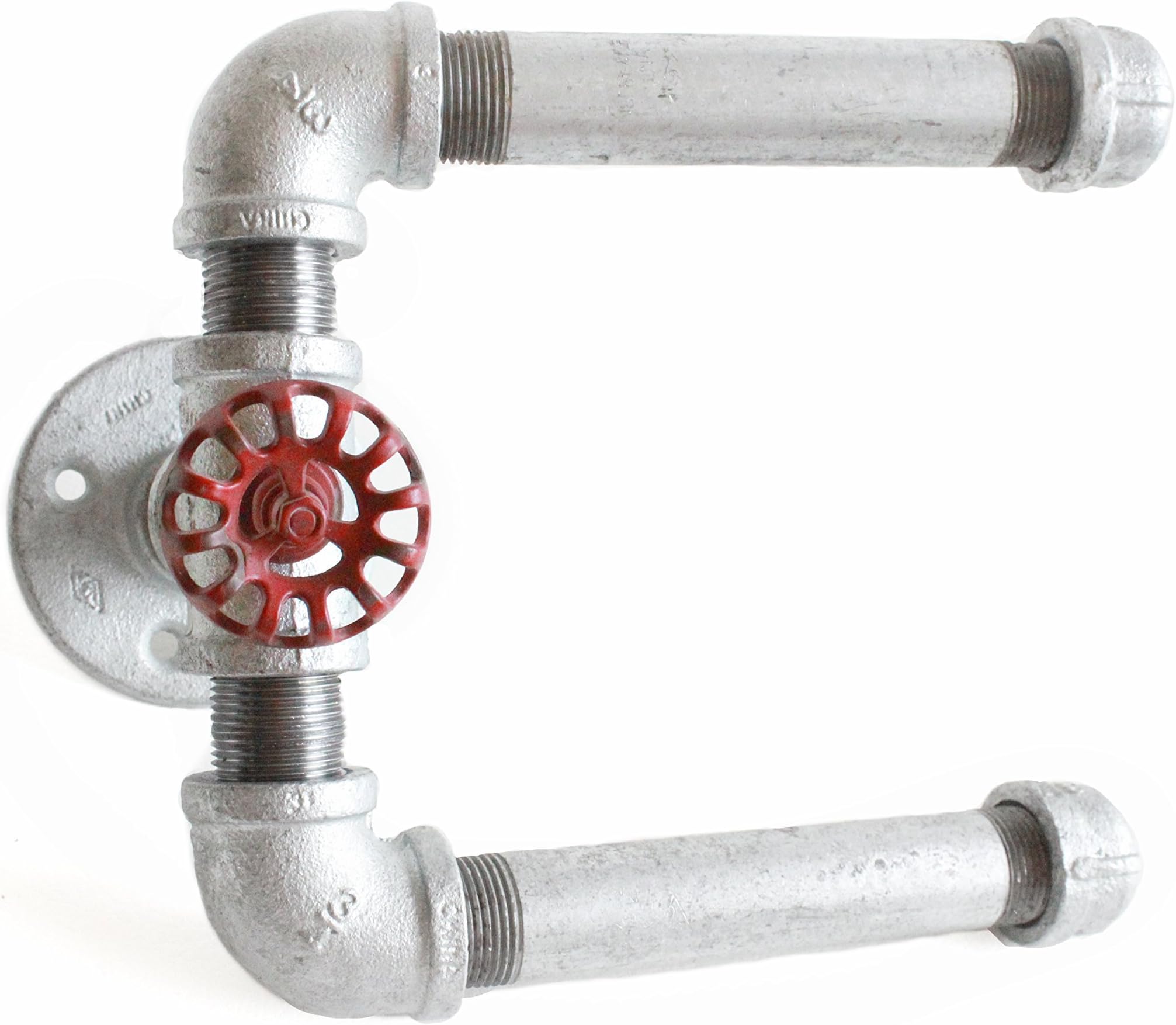 Industrial Pipe Double Roll Toilet Paper Holder, Red Toilet Roll Holder Industrial Farmhouse Bathroom decor, Silver Galvanized Pipe Bathroom fixture, Holds 2 rolls at once, Industrial décor