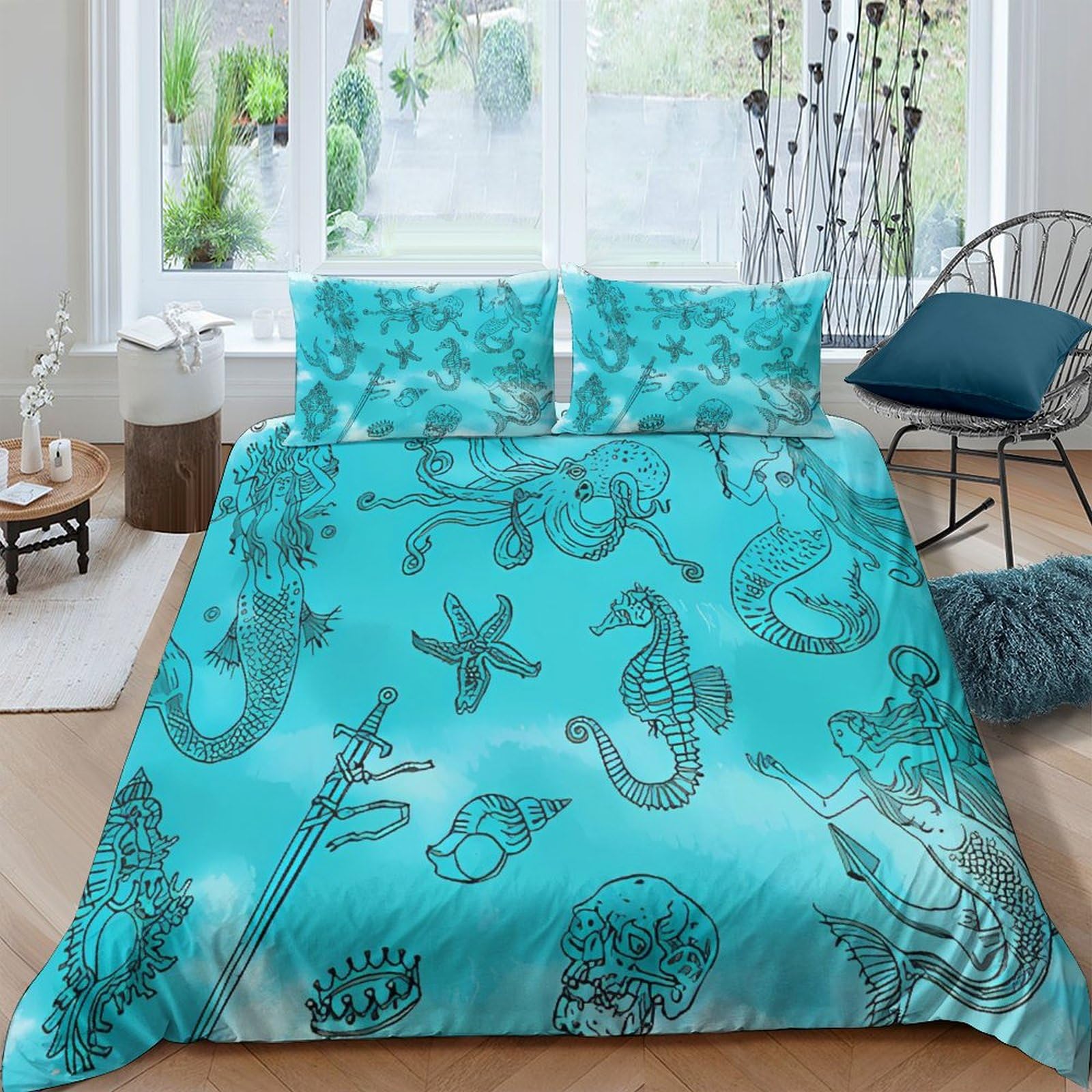 Parure de lit sirène 3D avec housse de couette microfibre 200x200 et taies