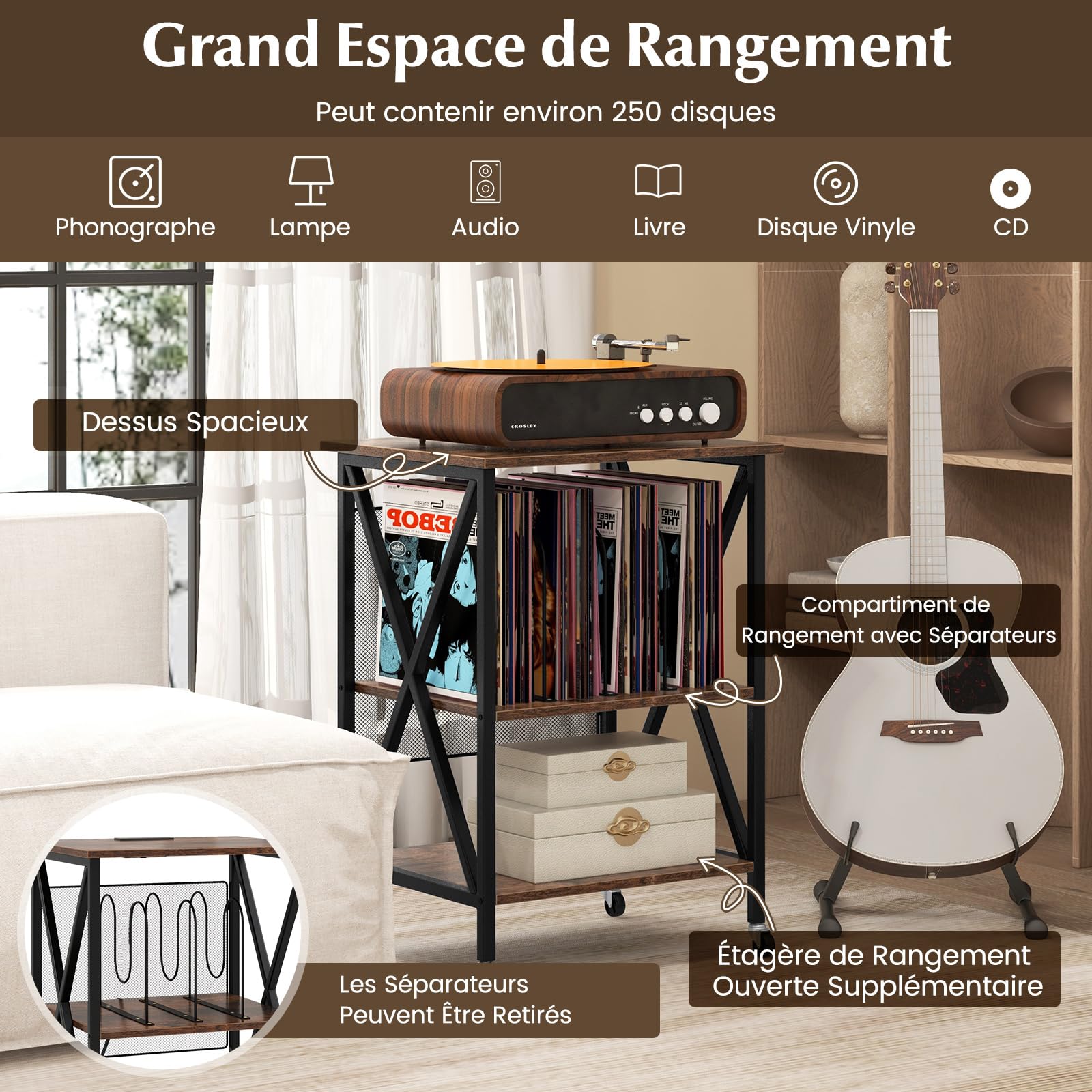 GOPLUS Meuble Platine Vinyle à 3 Niveaux avec Station de Charge, Roulettes Verrouillables, Cadre en Métal, Table d'Appoint pour 250 Vinyles pour Salon, Bureau, 52x45x75cm (Marron Rustique)