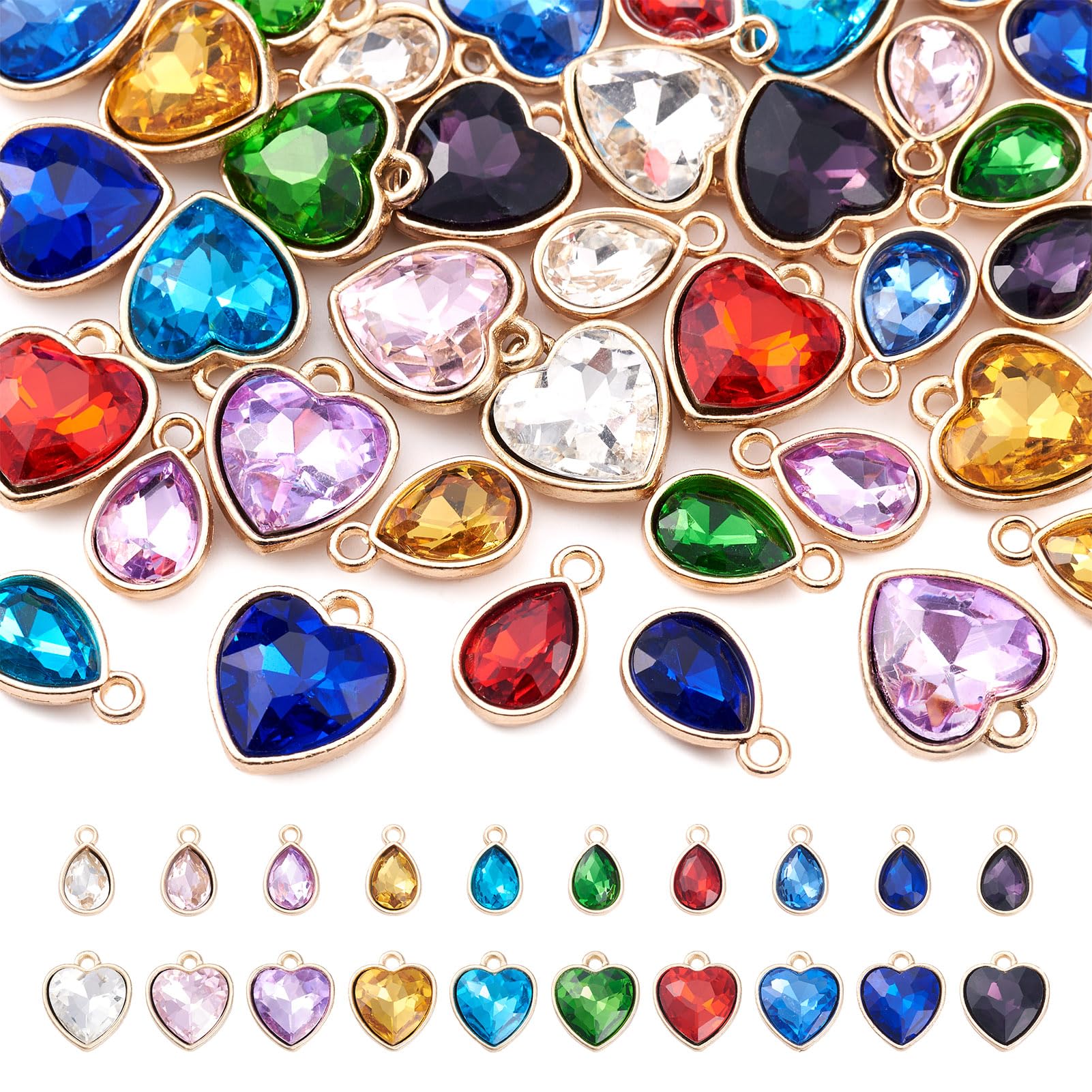 Spritewelry 40Pcs Glass Teardrops Heart Charms Faceted Crystal Rhinestone Tiny Charms Birthstone Dangle Pendant for Bracelet Necklace Earring DIY Craft Jewelry Making