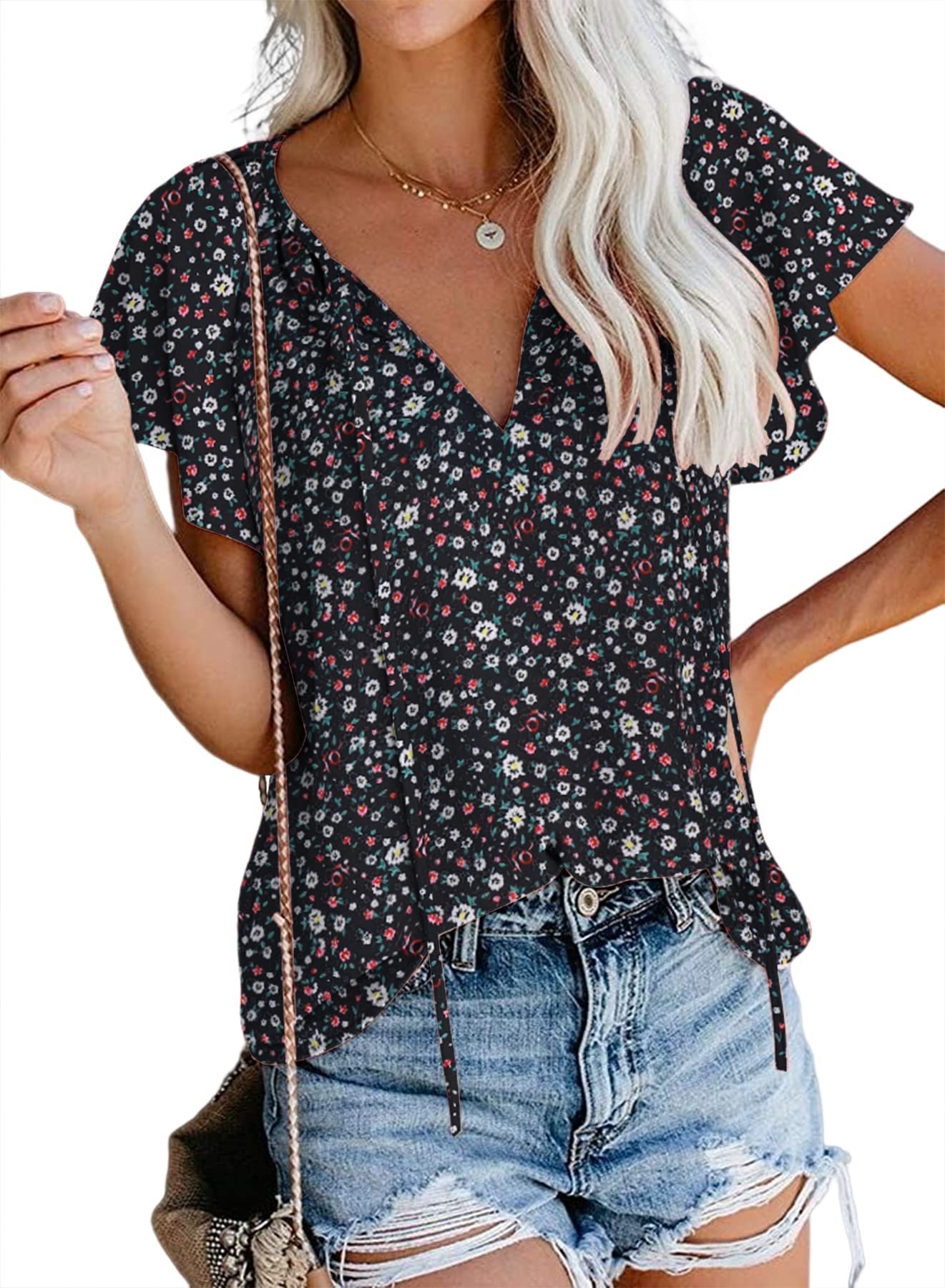 SimpleFun Women's Boho Tops Floral V Neck Short Sleeve Summer Blouse Shirts
