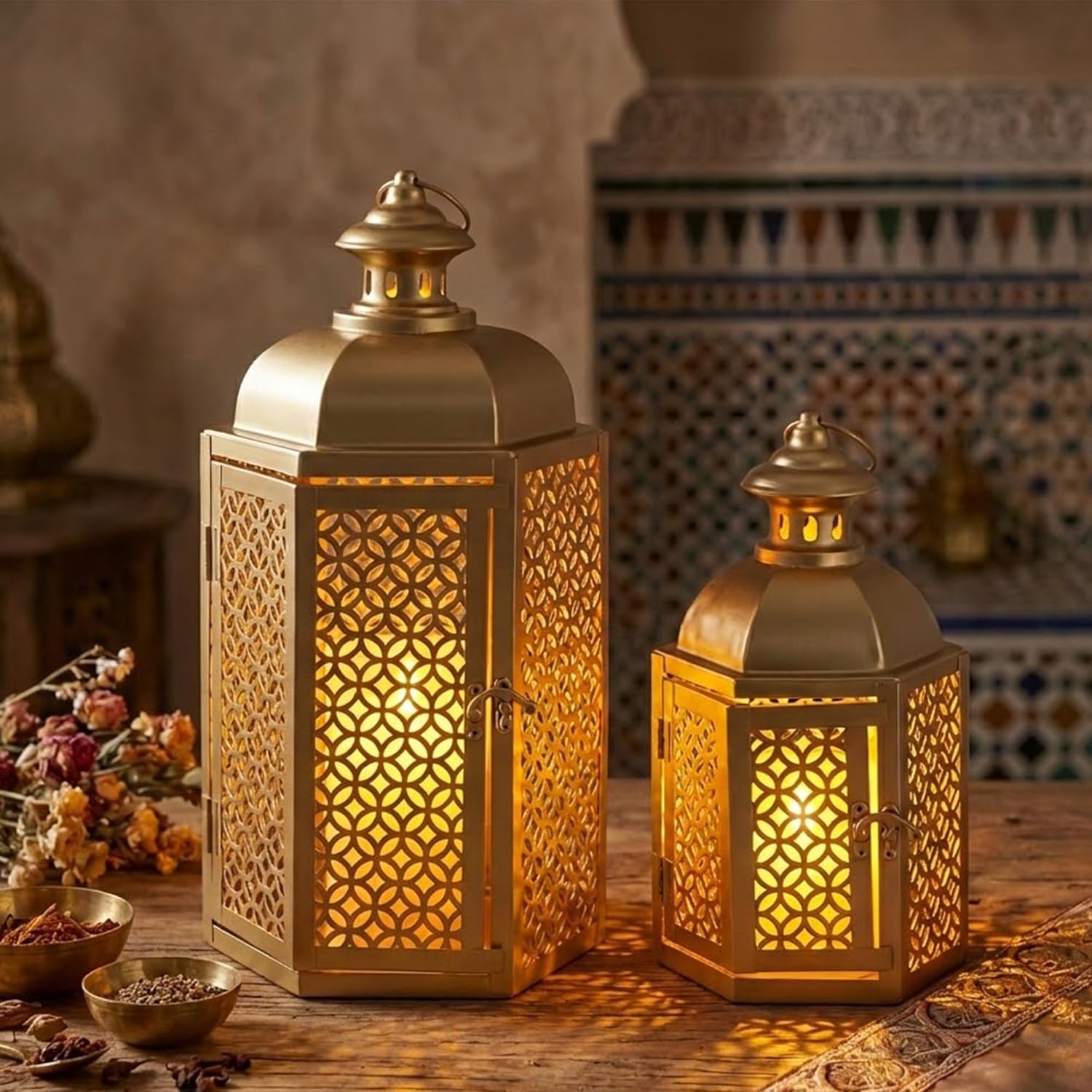 JHY DESIGN Set of 2 Ramadan Vintage Tower Temple Lanterns 15"&11''H Moroccan Decorative Candle Lanterns for Garden Porch Shelf Indoor Outdoor Parties Patio Holiday(Gold)