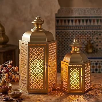 JHY DESIGN Set of 2 Vintage Lanterns 38cm and 28cm Height Moroccan Decorative Candle Lanterns for Ramadan Garden Porch Shelf Indoor Outdoor Parties Weddings Events Gold