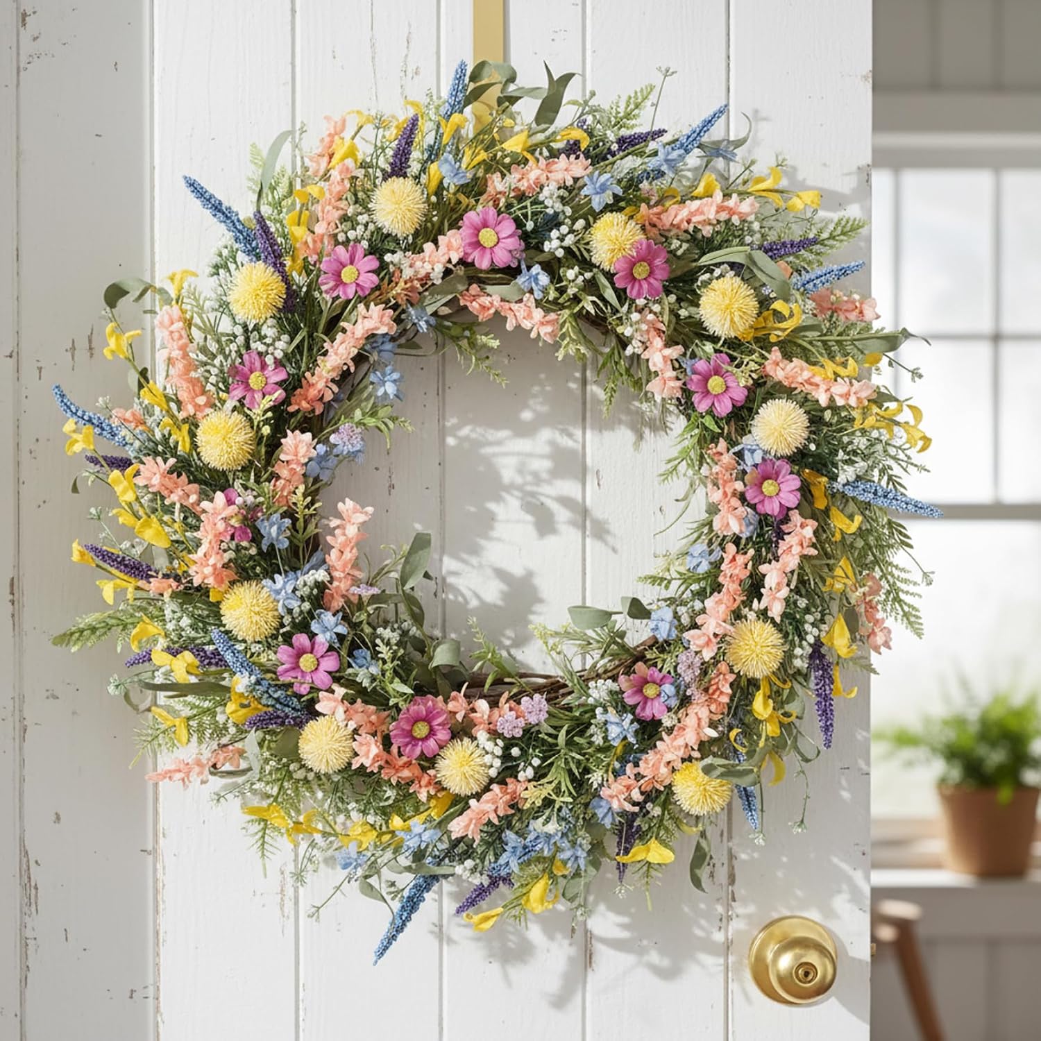 Spring Wreaths, Spring Wreaths for Front Door, 18 Inch Floral Wreath with Lavender and Daisy, Colorful Welcome Wreath for Indoor and Outdoor Door Decor Wall Decor, Front