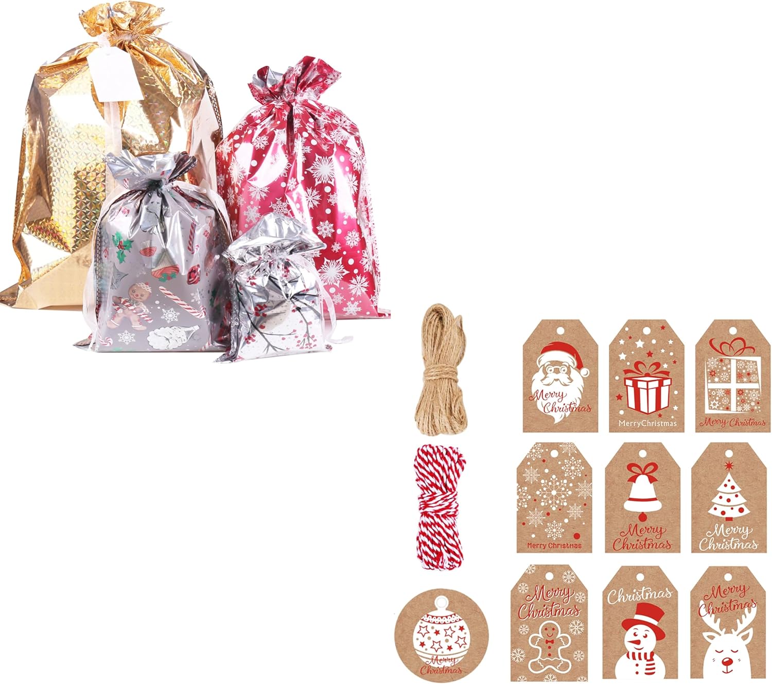 WesGen Christmas Gift Bags,40Pcs Santa Wrapping Bag in 4 Sizes and 100 Pack Brown Kraft Paper Christmas Gift Tags