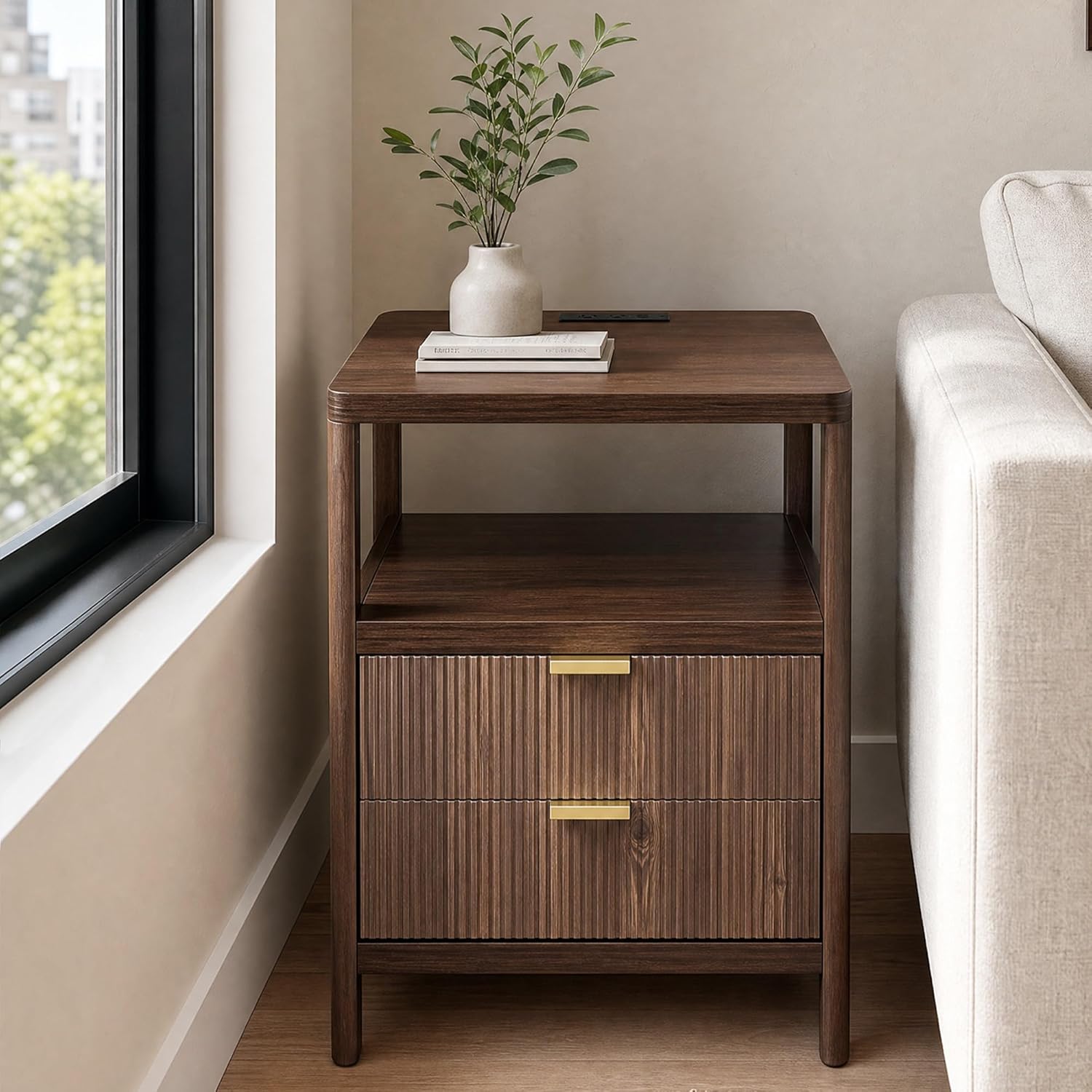 Night Stand with Charging Station, 2 Drawers Modern Bedside Tables with Storage, Fluted Nightstand for Bedroom and Living Room(Walnut Brown)
