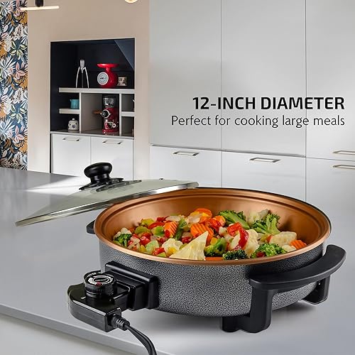 Vista 11 de OVENTE Wok eléctrico con revestimiento antiadherente, sartén de tamaño familiar de 13 pulgadas, potencia de 1400 W, temperatura ajustable, tapa