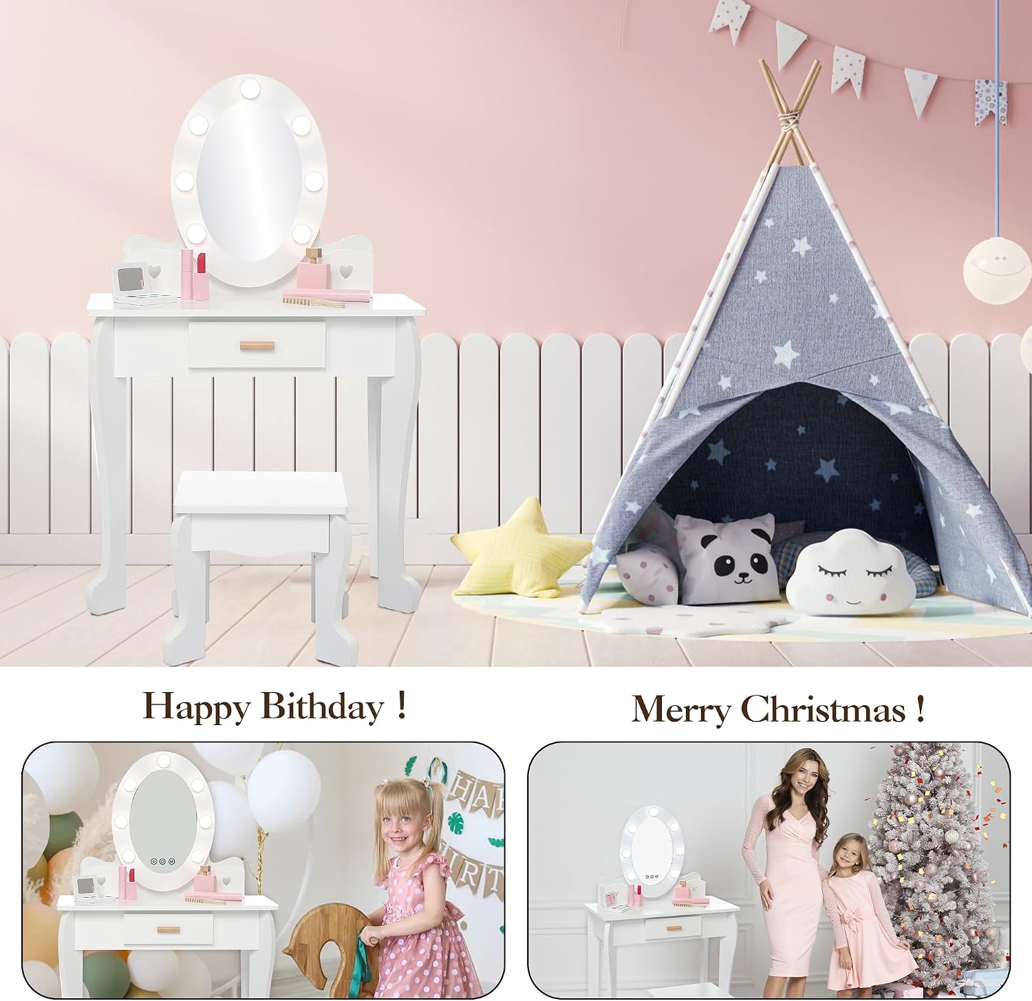GAOMON Kids Vanity Set, Girls Vanity Table with Mirror, Makeup Desk with Stool, Kids Dressing Table with Wood Makeup Playset, for Bedroom, Playroom