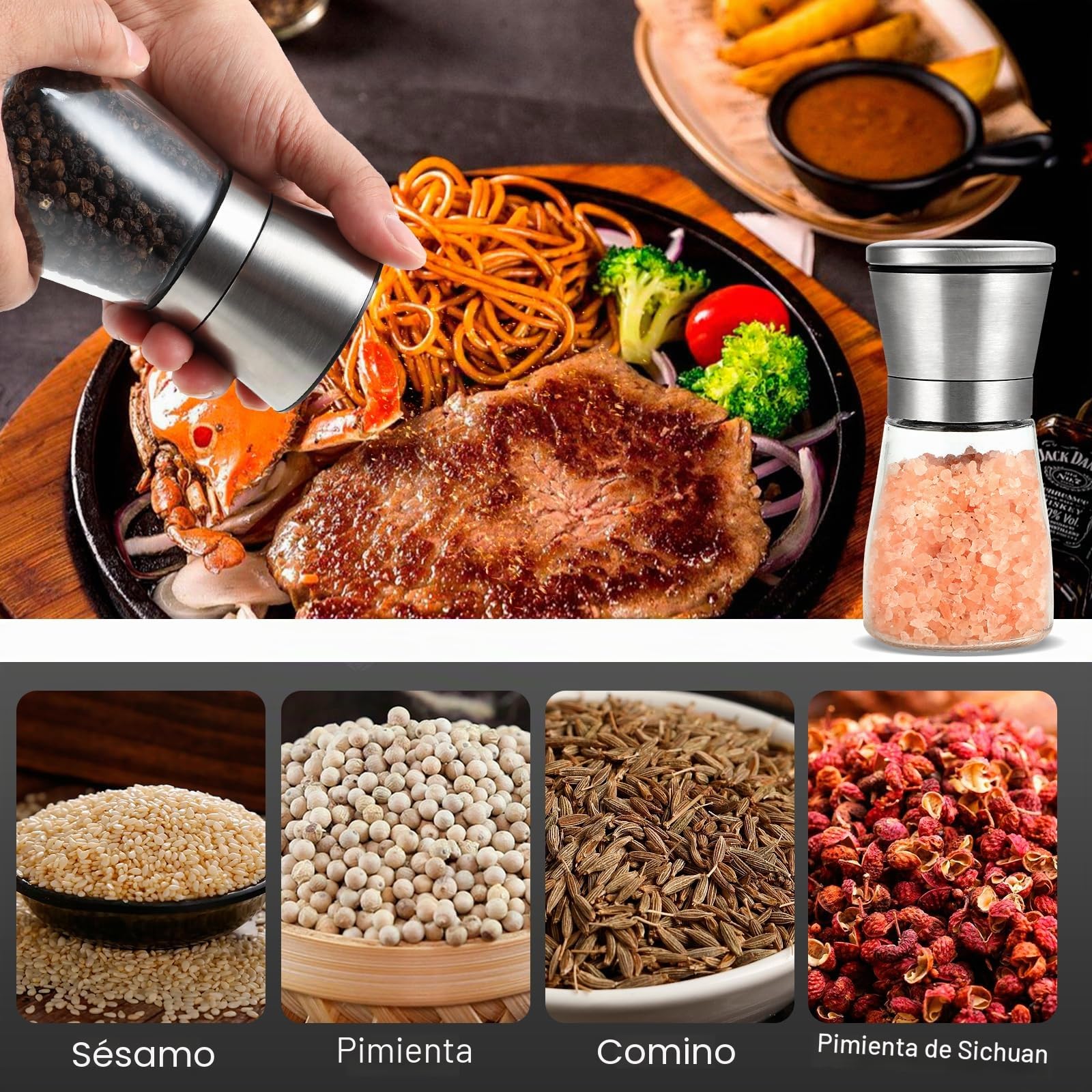 2 Piezas Molinillo Pimienta - Molinillo - Molinillo Especias, 180 ml*2, de Acero Inoxidable y Vidrio, con Mecanismo de Molienda de Cerámica Ajustable, Ideal para Moler y Rellenar Sal, Pimienta y Chile
