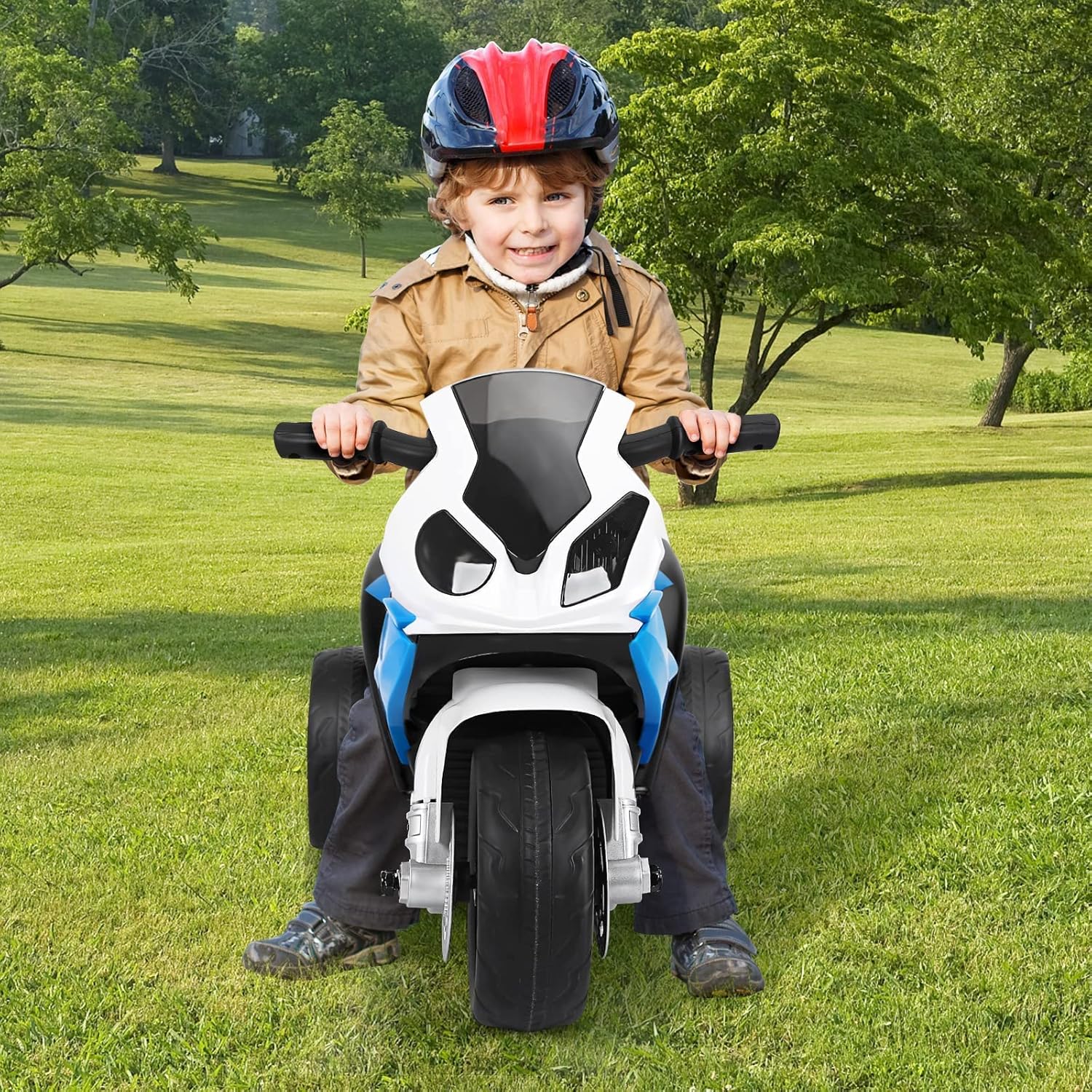 OLAKIDS Kids Ride on Motorcycle, 6V Licensed BMW Electric Motor with Music, Foot Pedal, Headlight, Leather Seat Cushion, 3 Wheels Battery Powered Tricycle Toy for Boys Girls (Sapphire)