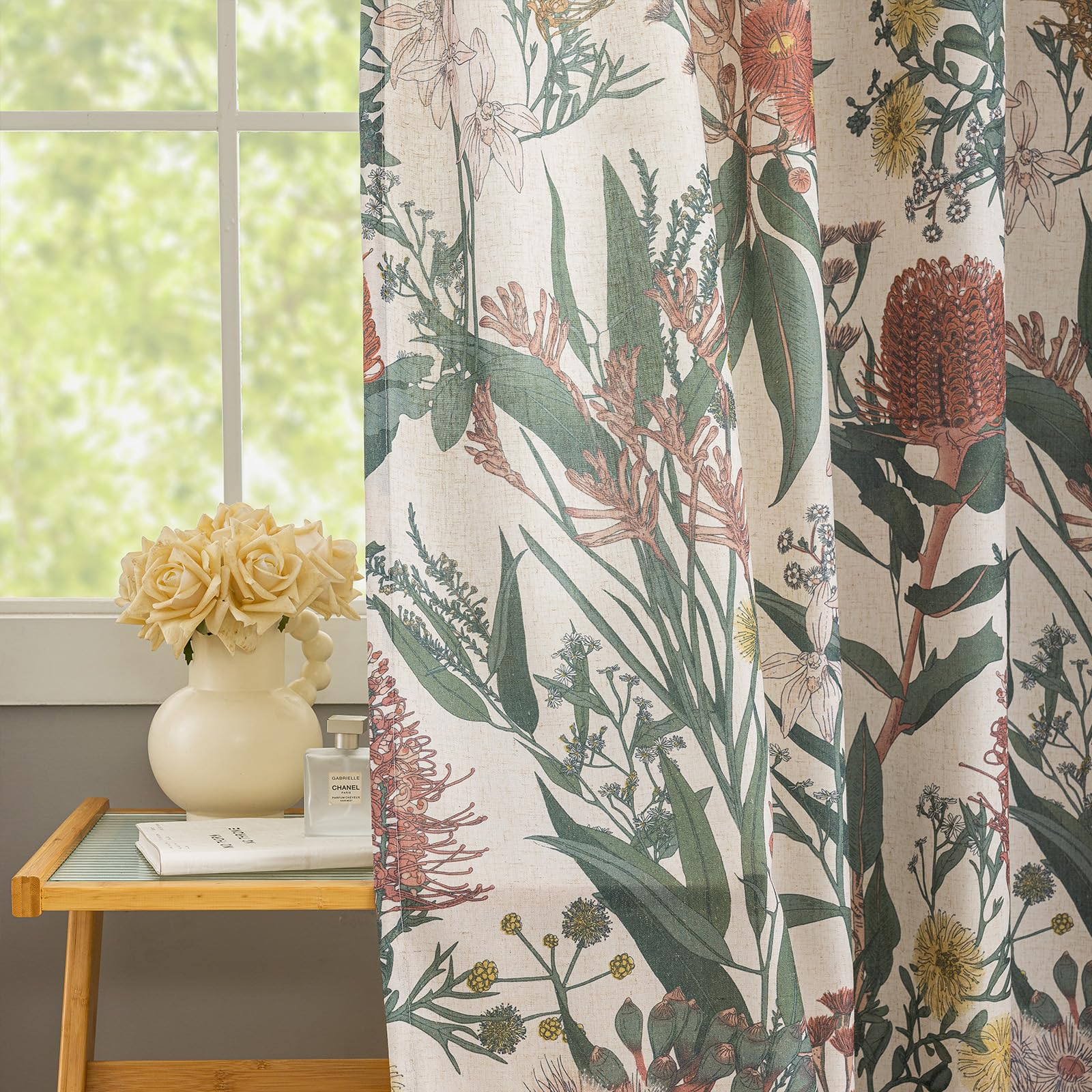 ALIGOGO Boho Floral Curtains 2 Panels - Mid Century Modern Windflower Curtaisn for Bedroom, Farmhouse Bohomain Plant Grommet Light Filtering Privacy Linen Floral Drapes, 50 x 72 Inch, Coral &amp;Green
