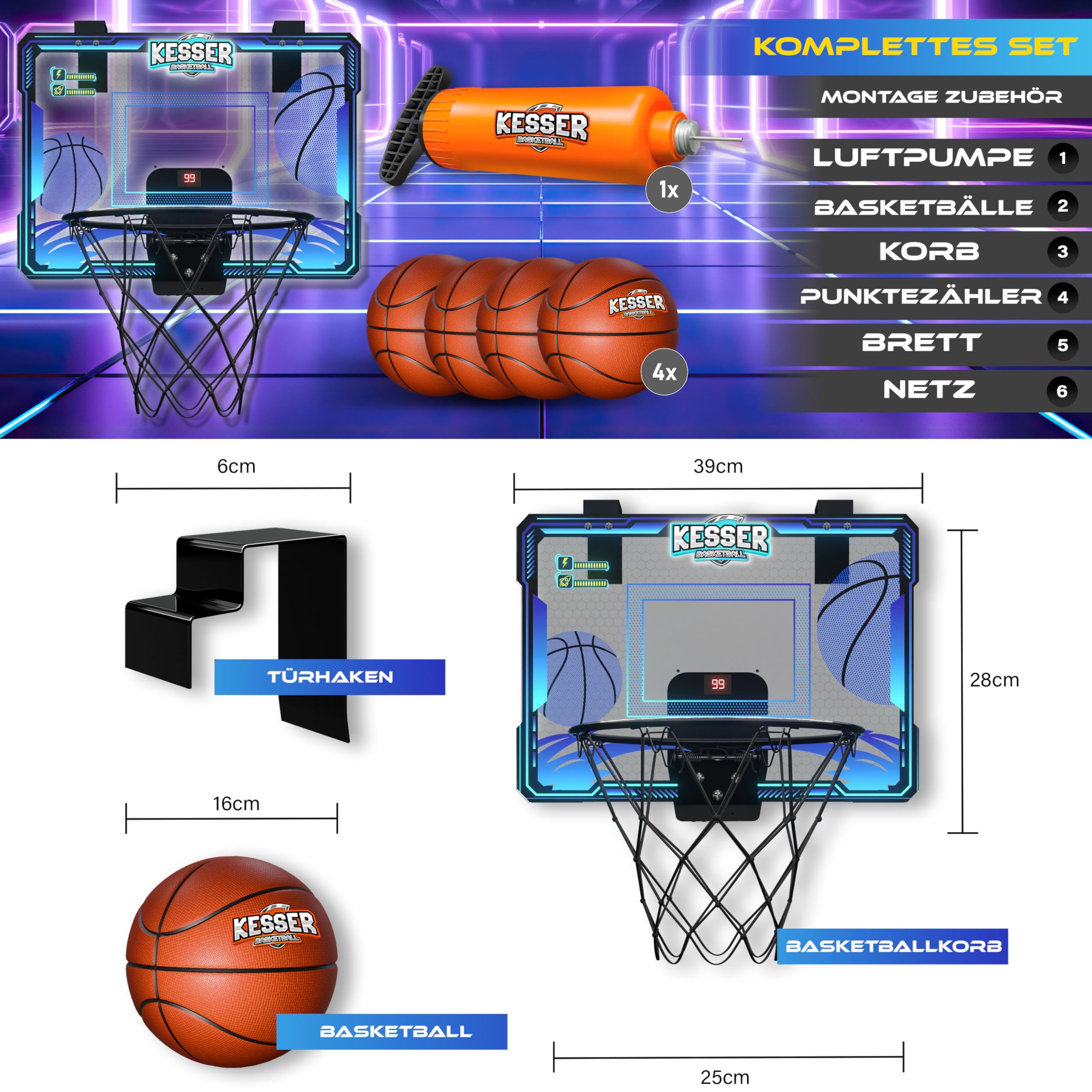 KESSER Panier De Basket Mini Pour Chambre Ou Bureau – Avec Système De Score Sonore, 2 Modes, 4 Balles, Accroche Facile Sans Percer