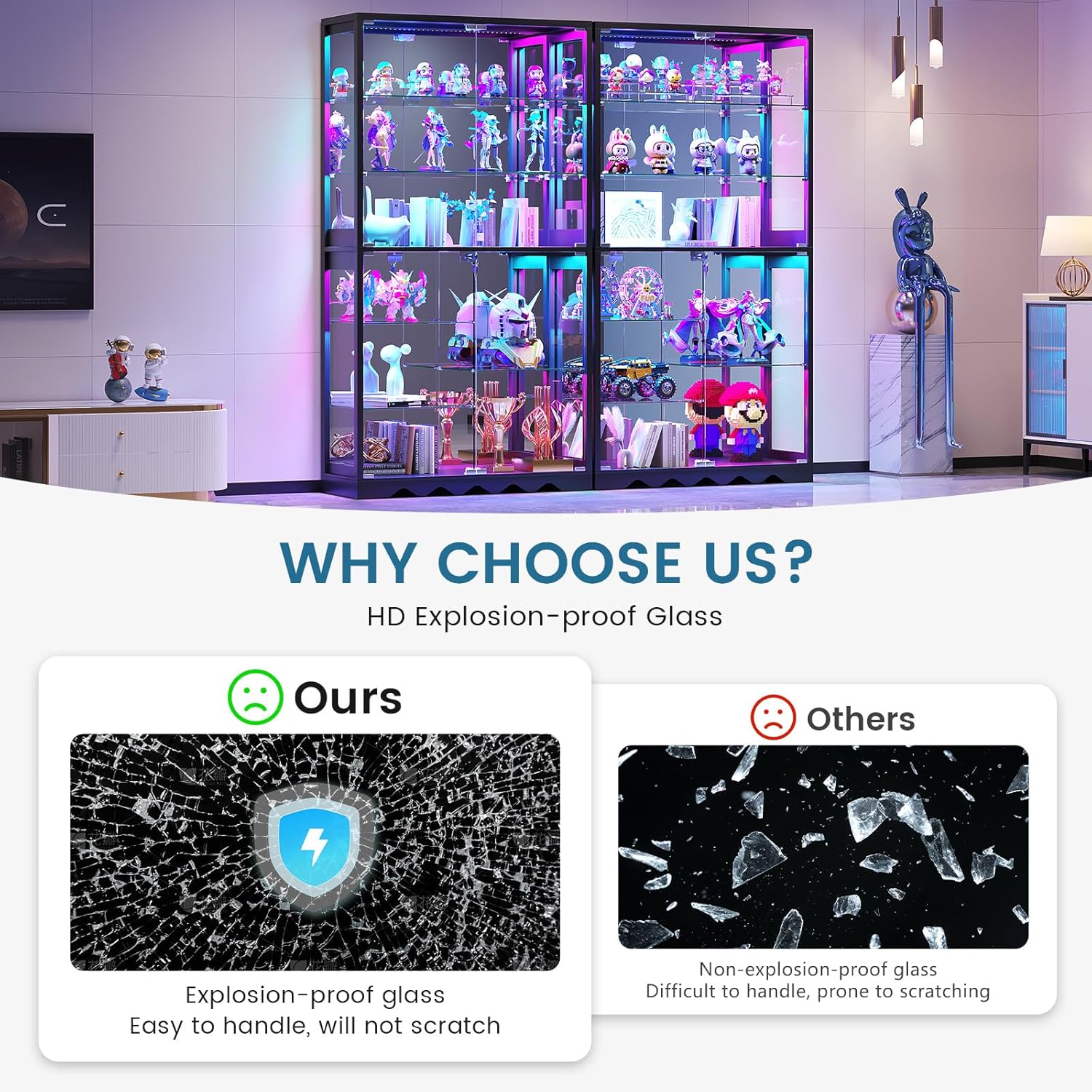 Large Display Cabinet with Glass Doors, 8-Tier RGB Curio Cabinet with Smart Human Induction & Remote Control, 73" Tall Stable Glass Display Case for Collectibles, Figures, Lockable Storage, Black