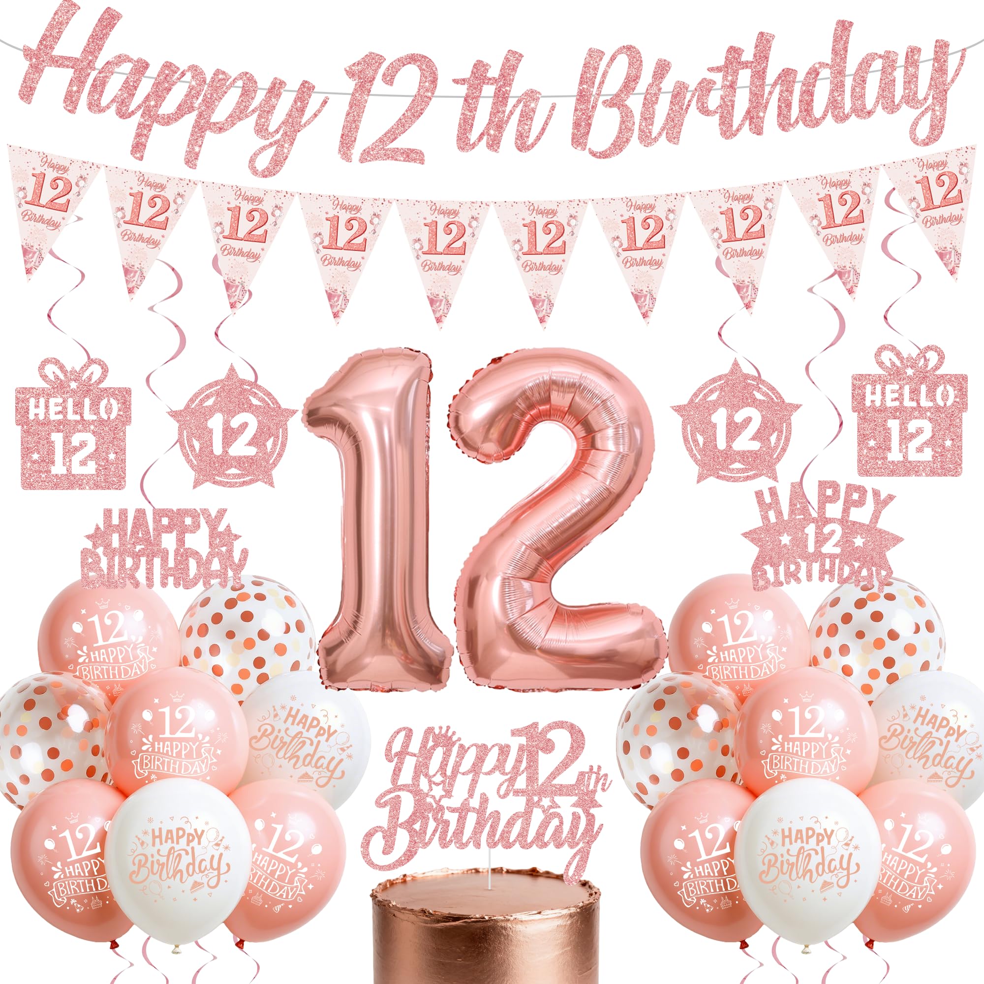 12th Birthday Decorations for Girls, Rose Gold 12 Years Old Party Supplies