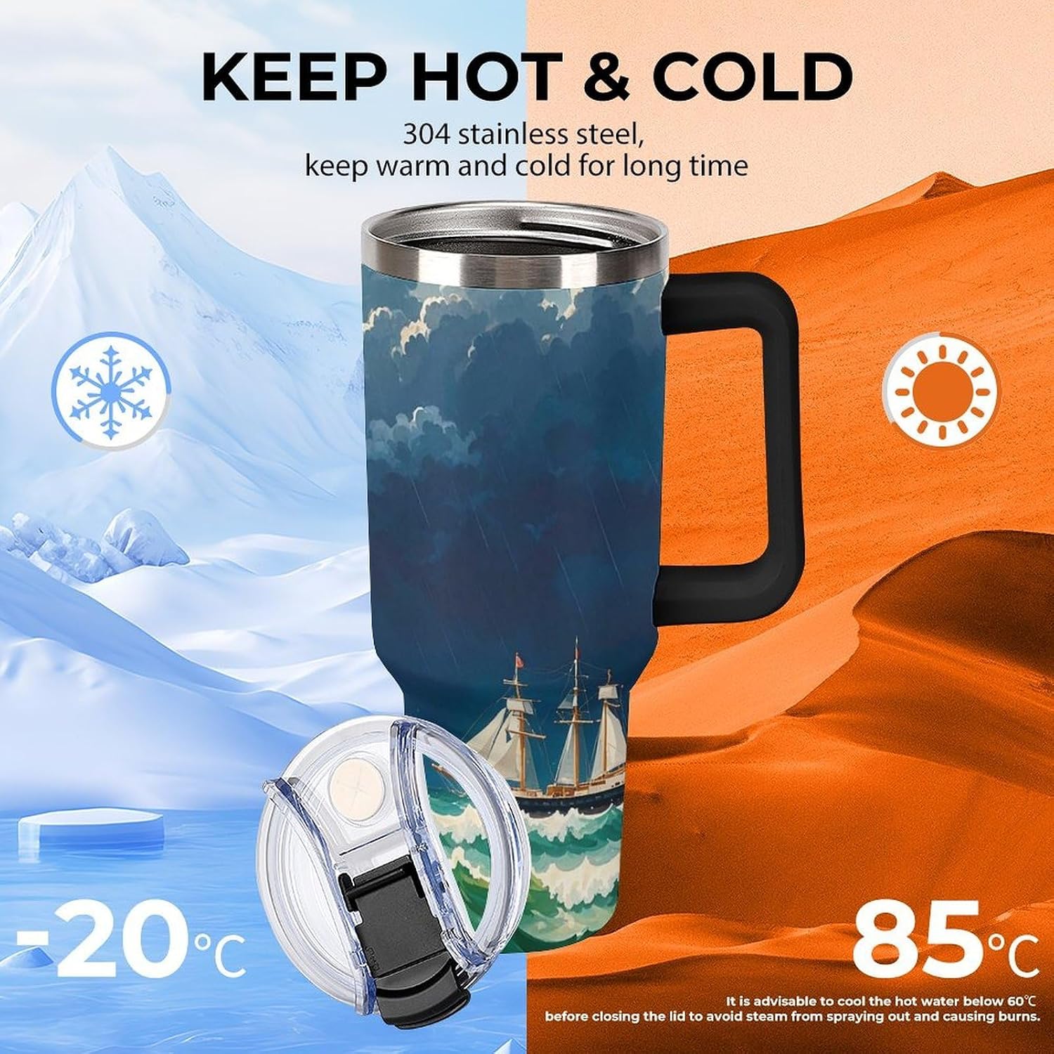 40 Oz Tumbler with Straw And Lid Stormy Waves Vintage Sailboat Insulated Travel Coffee Mug Stainless Steel Water Bottle Vacuum Insulated Tumblers for Sport Work Car Travel Weekends