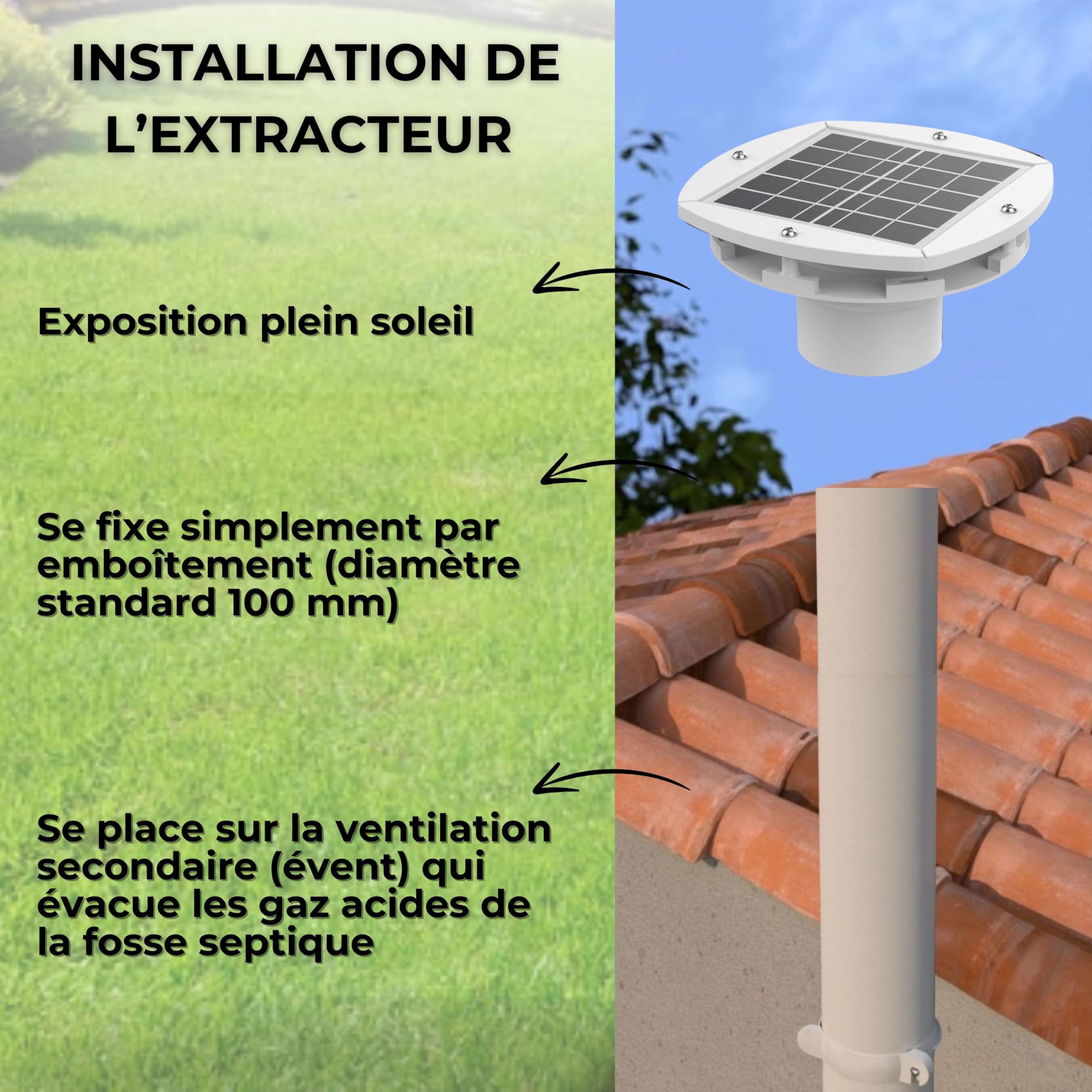 Extracteur Solaire Rechargeable pour Fosse Septique, Ventilation Secondaire, Autonome 24h/24 & Silencieux - HYDRODIV
