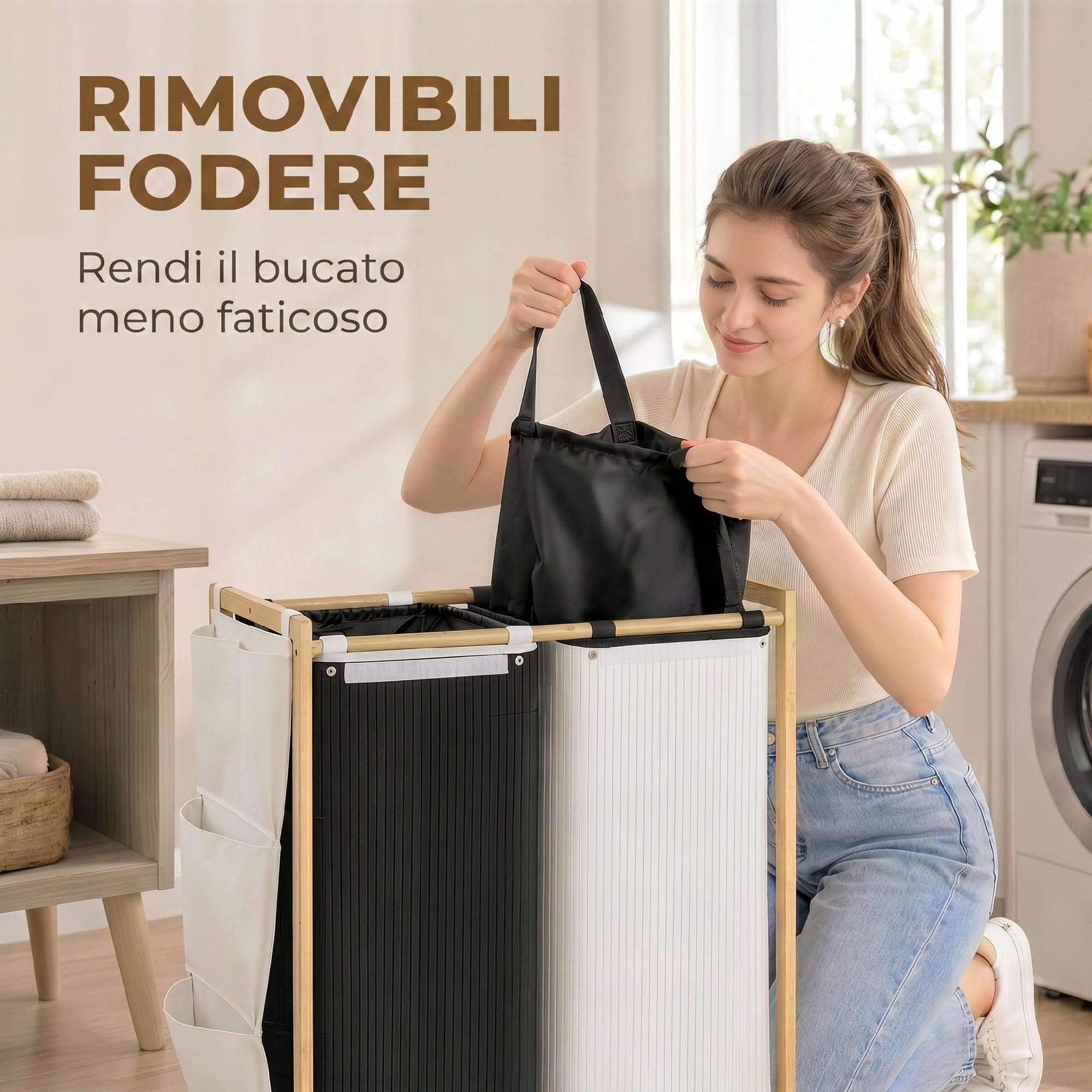 HOMCOM Cesto Portabiancheria 2 Scomparti 120L Coperchi Bambù Nero/Bianco | Tasche Laterali, Sacchi Estraibili, Grande Cesto Biancheria Sporca, per Camera da Letto e Bagno