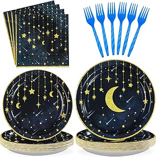 Grencian Gold Star Moon Party Supplies - 96Pcs Moon and Stars Party Supp...