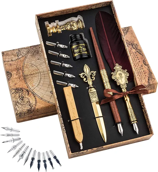 Hethrone Feather Pen and Ink Set - Quill Pens Calligraphy Pen Set Fountain Dip Pen