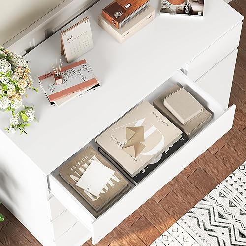 Miniatura 6 de FOTOSOK Cómoda de 5 cajones cómoda blanca para dormitorio cómoda moderna de mediados de siglo cómoda doble cómoda de almacenamiento con puerta