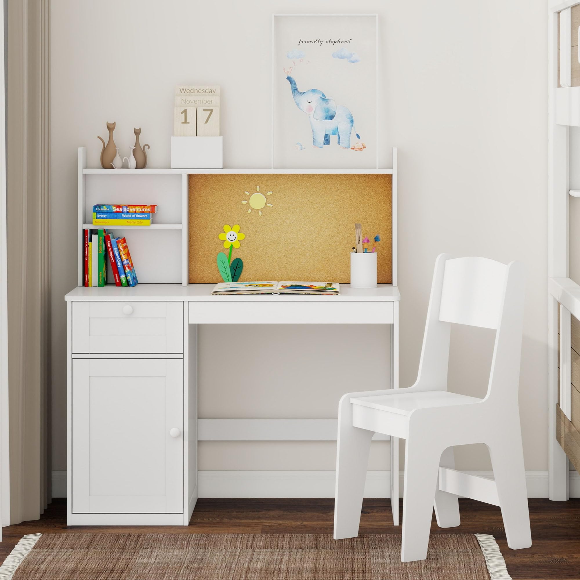 Escritorio de estudio para niños con silla, juego de sillas de escritorio para niños de 5 a 12 años, mesa de estudio de madera para niños con gabinete y gabinete de almacenamiento, mesa de escritura 8