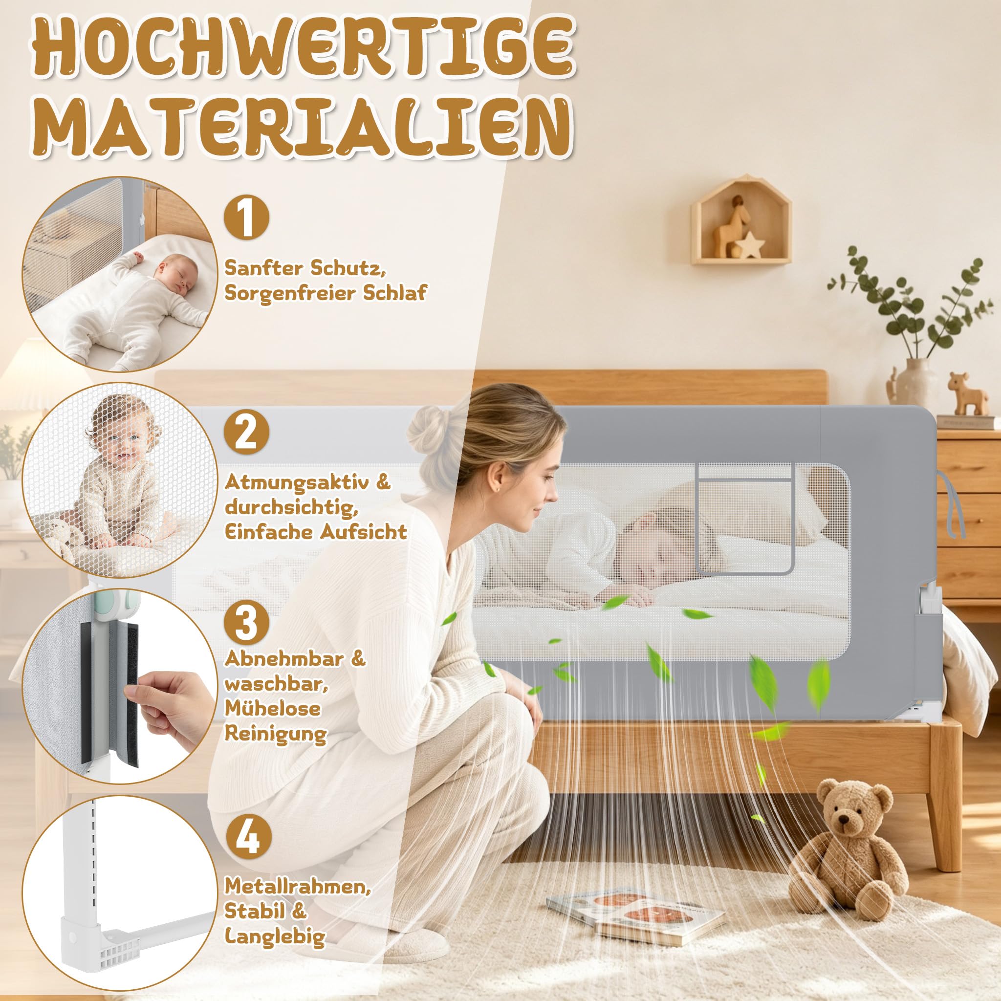 XMTECH 1 barrière de lit pour enfants de 18 mois à 5 ans, protection anti-chute, pliable, portable, pour tout-petits, de 18 mois à 5 ans, grise, 200 cm
