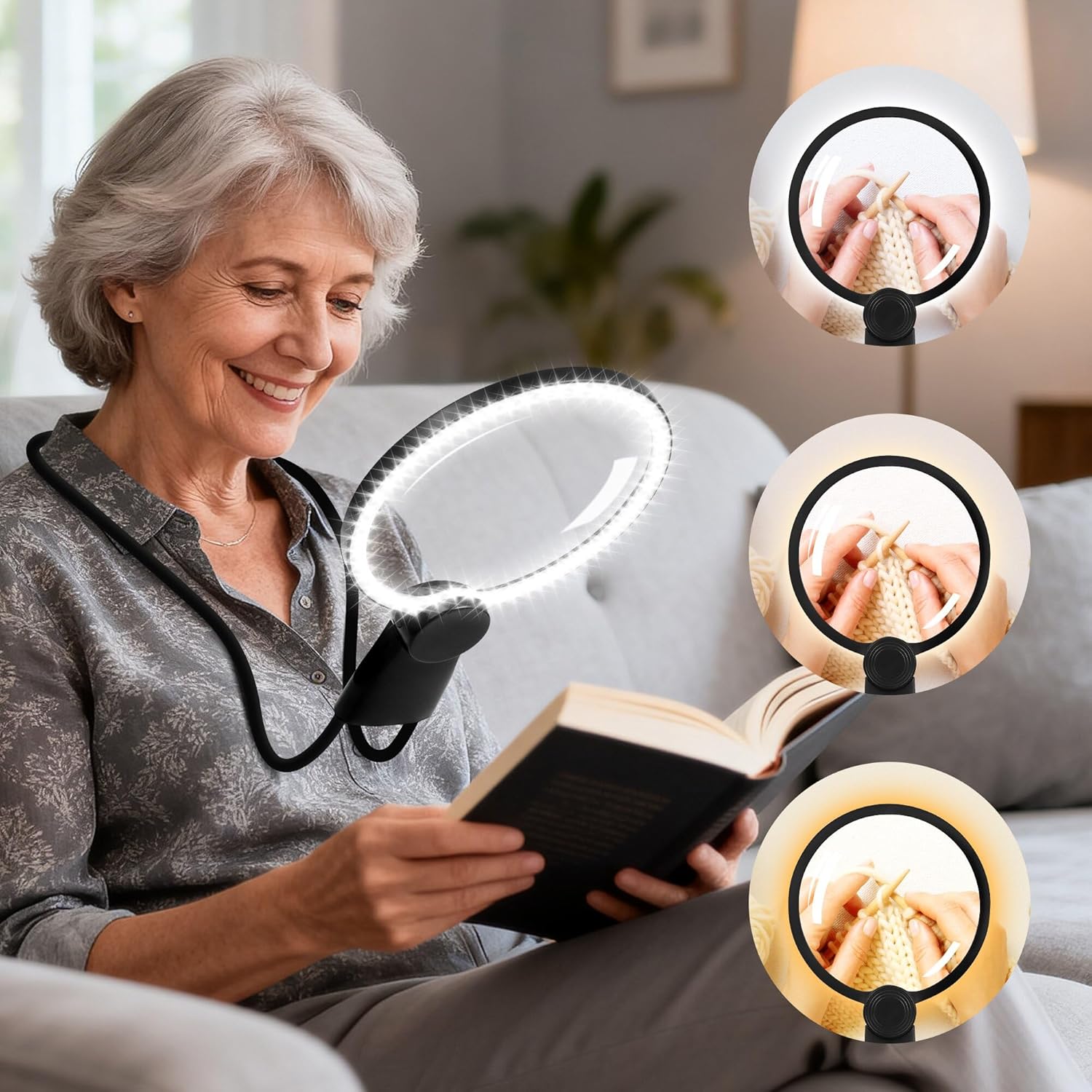 Hands Free Magnifying Glass with Light for Reading,5X Neck Lighted Magnifier for Close Work with Flexible Gooseneck,Needlework,Crafts,Cross Stitch,Seniors and Low Vision Elderly