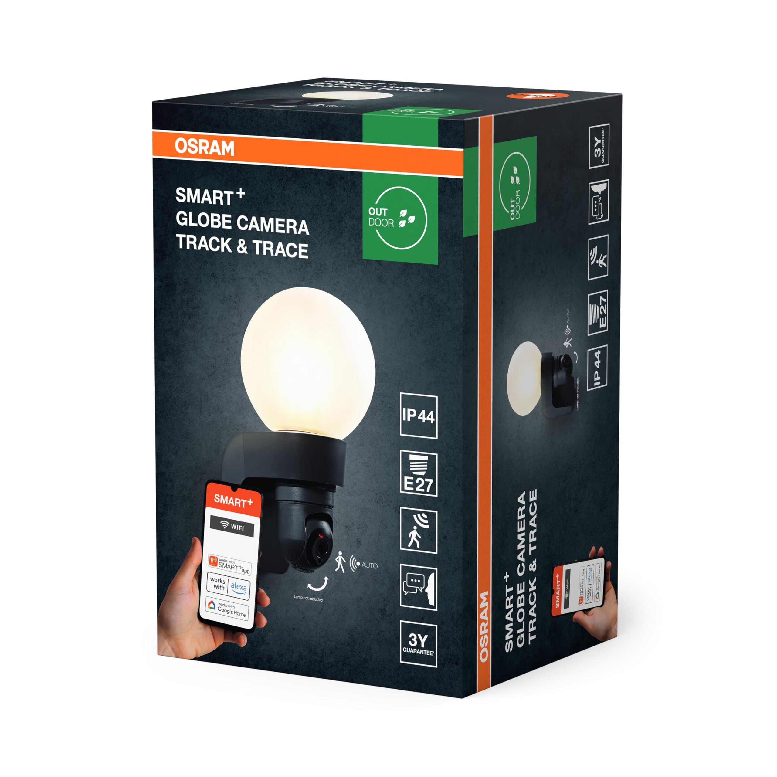 OSRAM Kinkiet zewnętrzny SMART+ z kamerą, oprawką E27, funkcją śledzenia i śledzenia, solidnym szklanym dyfuzorem, zintegrowanym głośnikiem, kartą pamięci, inteligentną technologią WiFi, długą