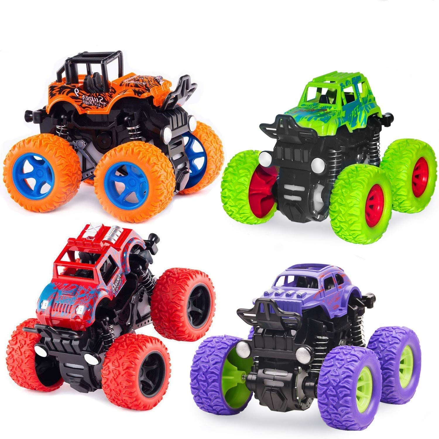 4 Pcs Monster Truck Inertia Car Educational Toy Cars for Kids, Friction Powered Push and Go Toy Cars, Ramadan Gift Birthday Party Supplies for Toddlers Kids (4 Colors Green Purple Red Orange )