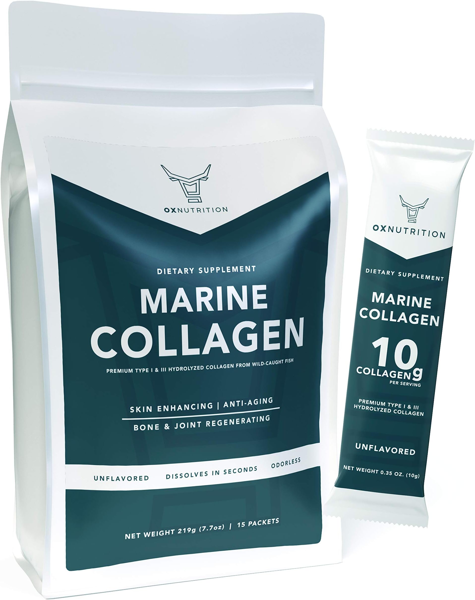OXNUTRITION North Atlantic Wild Caught Marine Collagen Powder (15 ON The GO Packs) | Type 1 and 3 Hydrolyzed Fish Collagen Peptides | Rich in Amino Acids for Skin, Hair and Nails | Keto | Unflavored