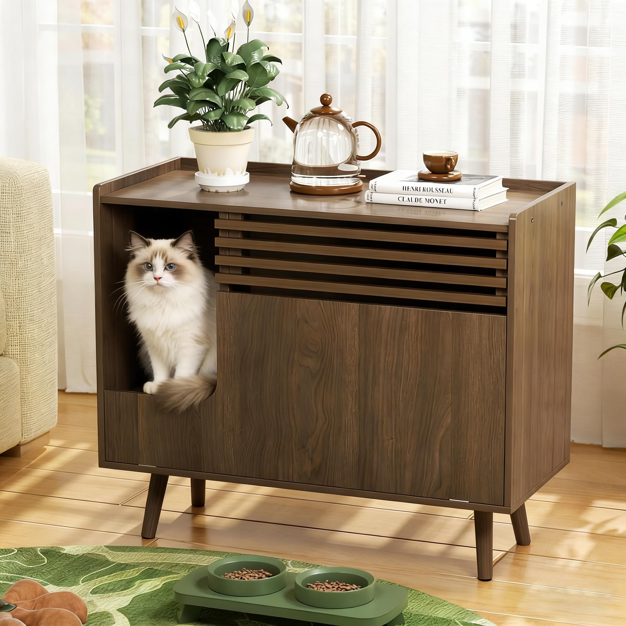 Halitaa Cat Litter Box Enclosure, Mid-Century Modern Hidden Enclosure Furniture with Cat Scratch Pad, Flip-Down Opening Litter Box Cabinet Cat Washroom End Table, Brown