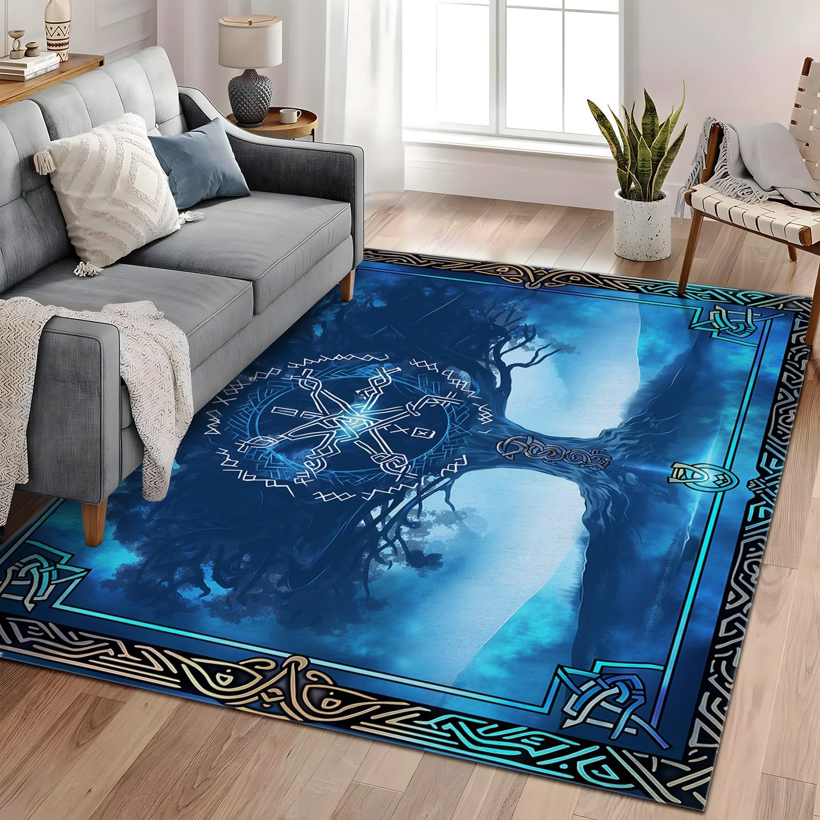 Waschbarer Tarotkarte mit Wikingerrunen Kurzflor Teppich - Weicher, Rutschfester Teppich für Wohnzimmer, Schlafzimmer - Flauschiger, Blauer Lebensbaum Teppiche Gegend, 80cm x 150cm