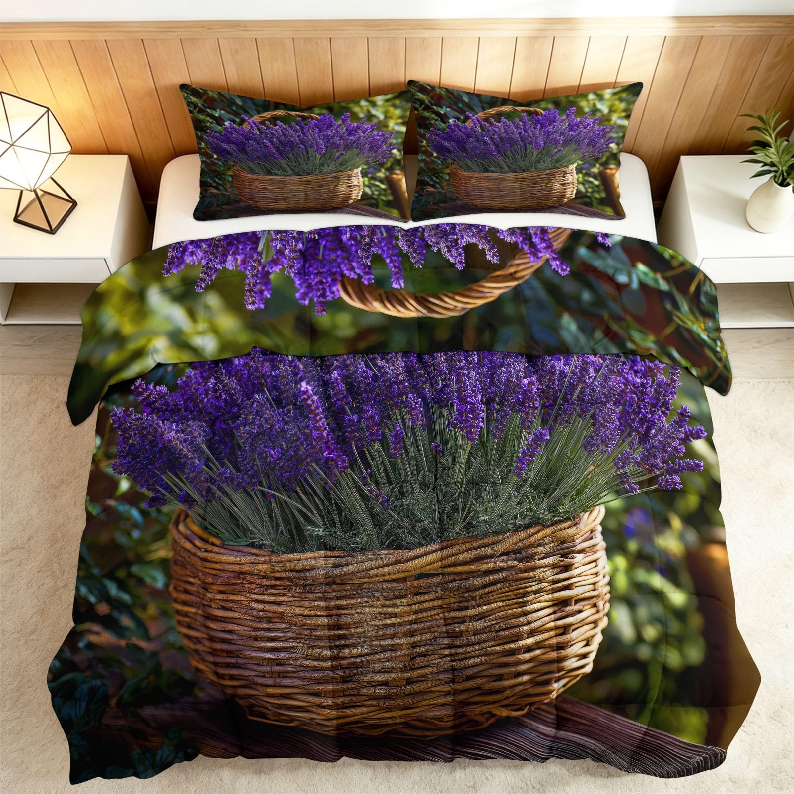 Genérico Kołdra z wypełnieniem nordyckim 220x240cm Lavender Flower Basket Quilt Bedding 3D Print Soft Breathable, Supersoft 4 Seasons with 2 Pillowcases