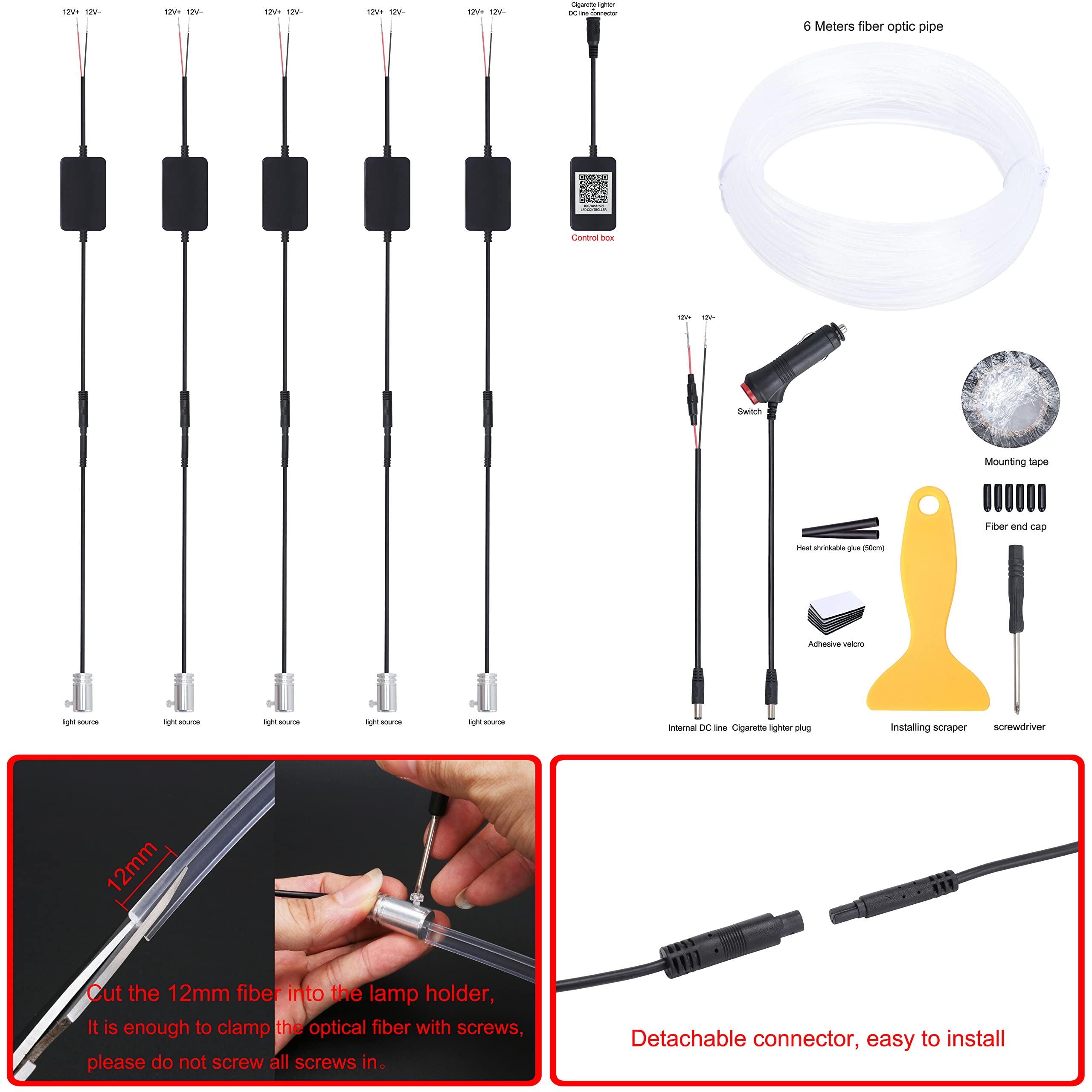 QAUBEN 64 Colors Car Ambient Lighting Fiber Optic Cable APP Control Multicoloured Music Car Atmosphere Decorative Lighting Kit 1W DC 12V-24V 6m