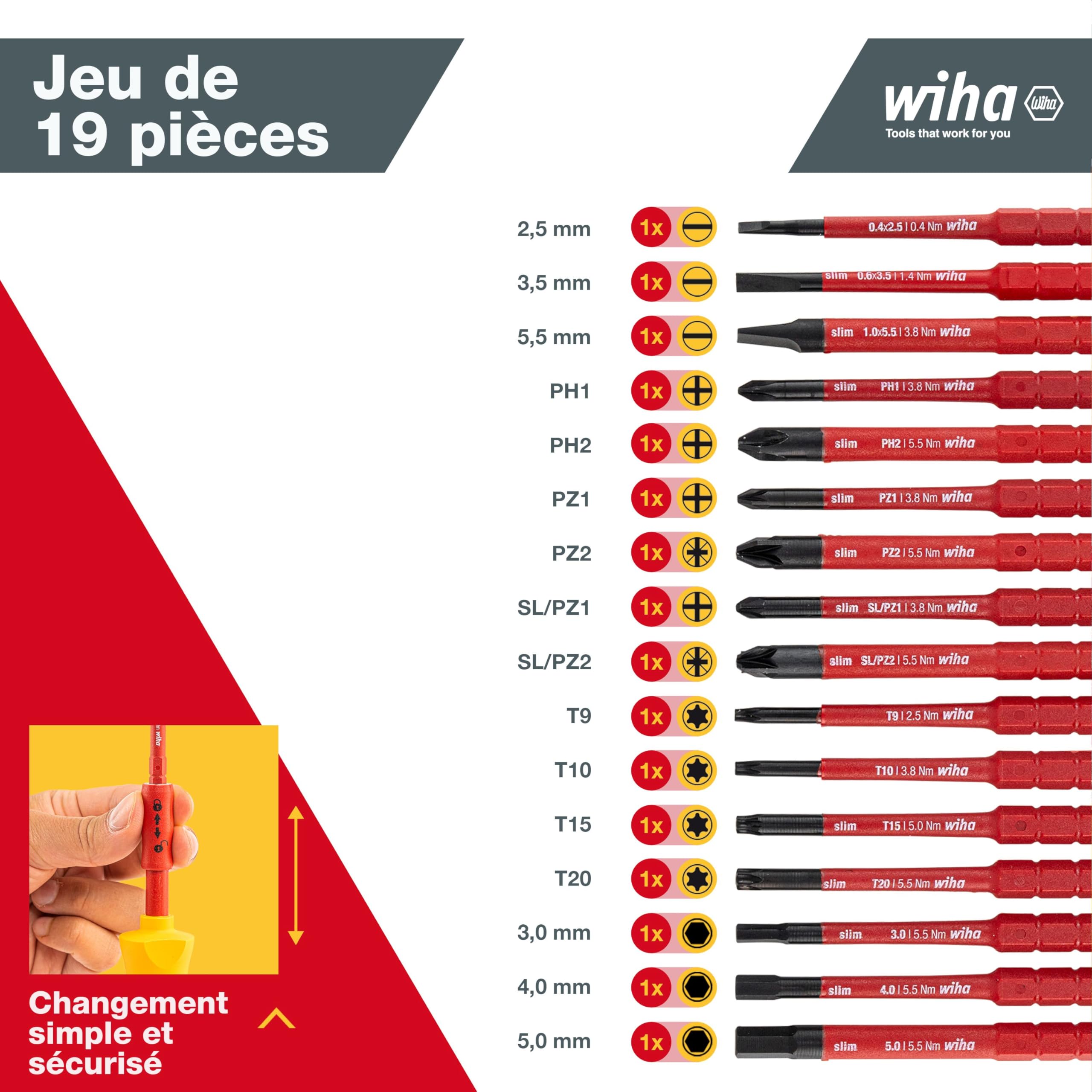 Wiha Jeu de tournevis et d'embouts slimVario isolés (41231) lot de 19 pcs avec trousse pliable | Fente ou plat cruciforme PH PlusMinus TORX six pans | (41231) Screwdriver handle I VDE stubby I VDE bits for electricians I slotted/Phillips/PlusMinus/TORX/he