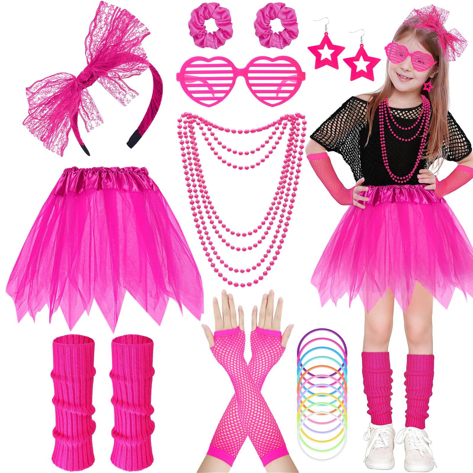 80s Costume Accessories Set for Girls, 21Pcs 1980s Fancy Dress Outfit with Tutu Skirt Fishnet Gloves Pink Leg Warmers Bow Headband Necklace Bracelets Glasses for Kids 1980s Theme Party