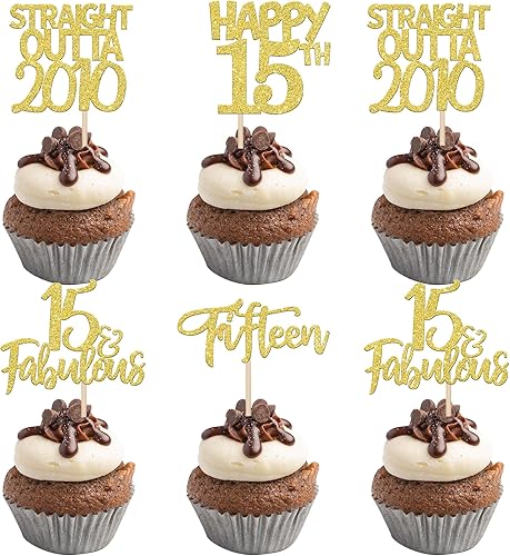 Paquete de 24 adornos para cupcakes con purpurina de 15 años 15 rectos para cupcakes decoraciones para tartas de cumpleaños de 15 años suministros