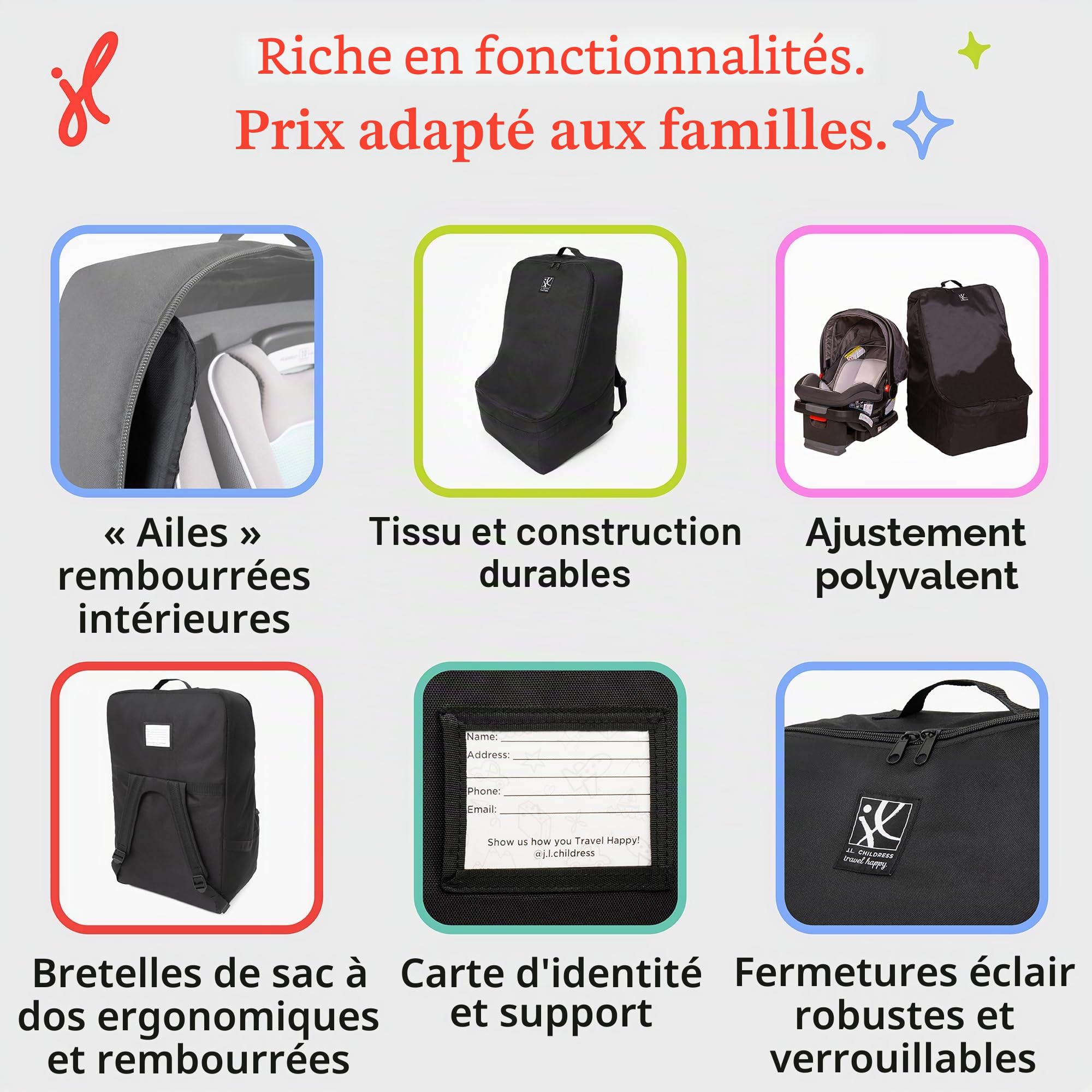 J.L. Childress Sac à Dos rembourré pour siège de Voiture – Sac de Voyage pour siège de Voiture pour Avion, Housse Compatible avec la Plupart des Porte-bébés et Nourrissons, Accessoires d'aéroport