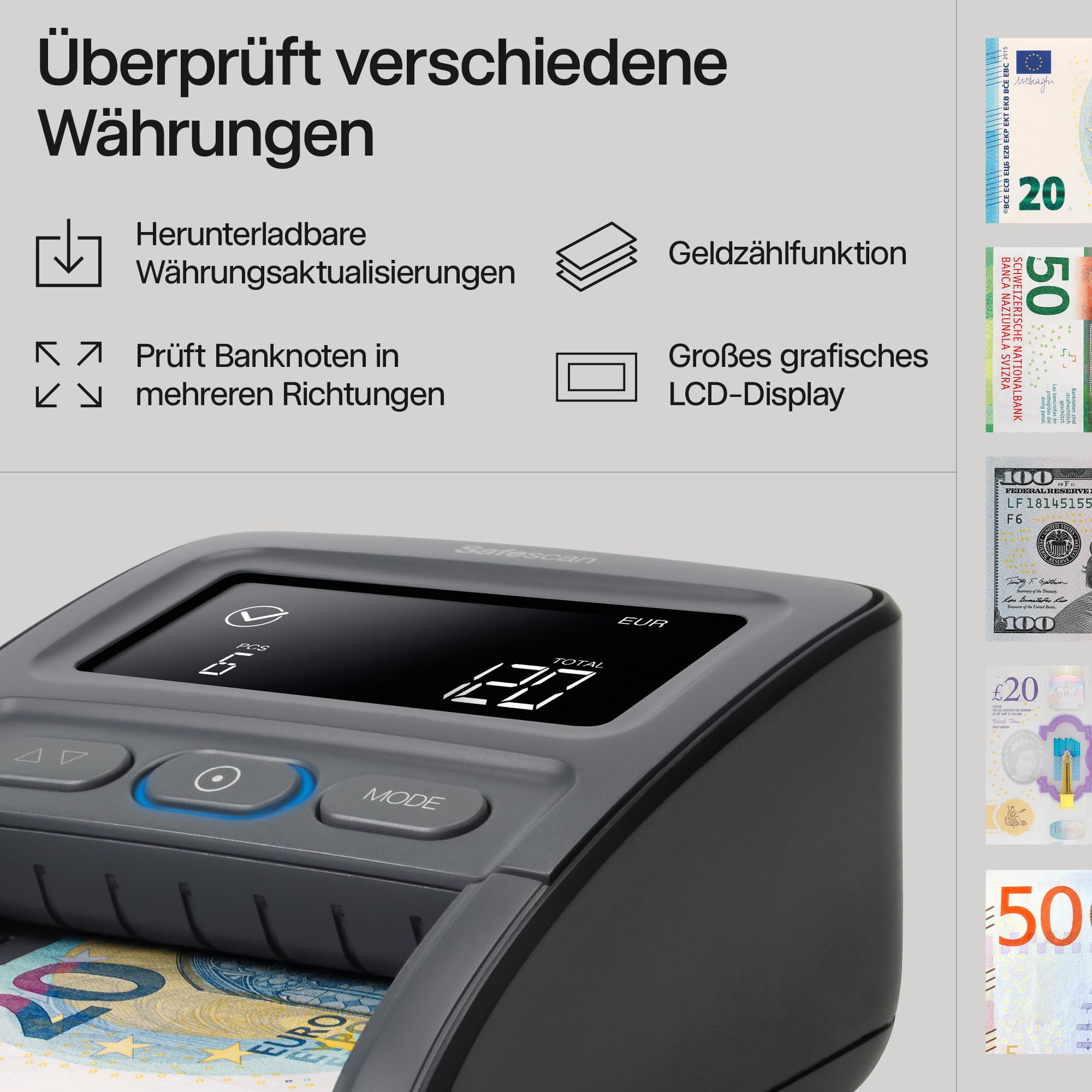 Safescan 155-S & RS-100 automatischer Geldscheinprüfer zur schnellen Überprüfung von Geldscheinen - Falschgeldprüfgerät mit 7-facher Echtheitsprüfung - 100% genaues Prüfgerät inkl. Banknotenstapler