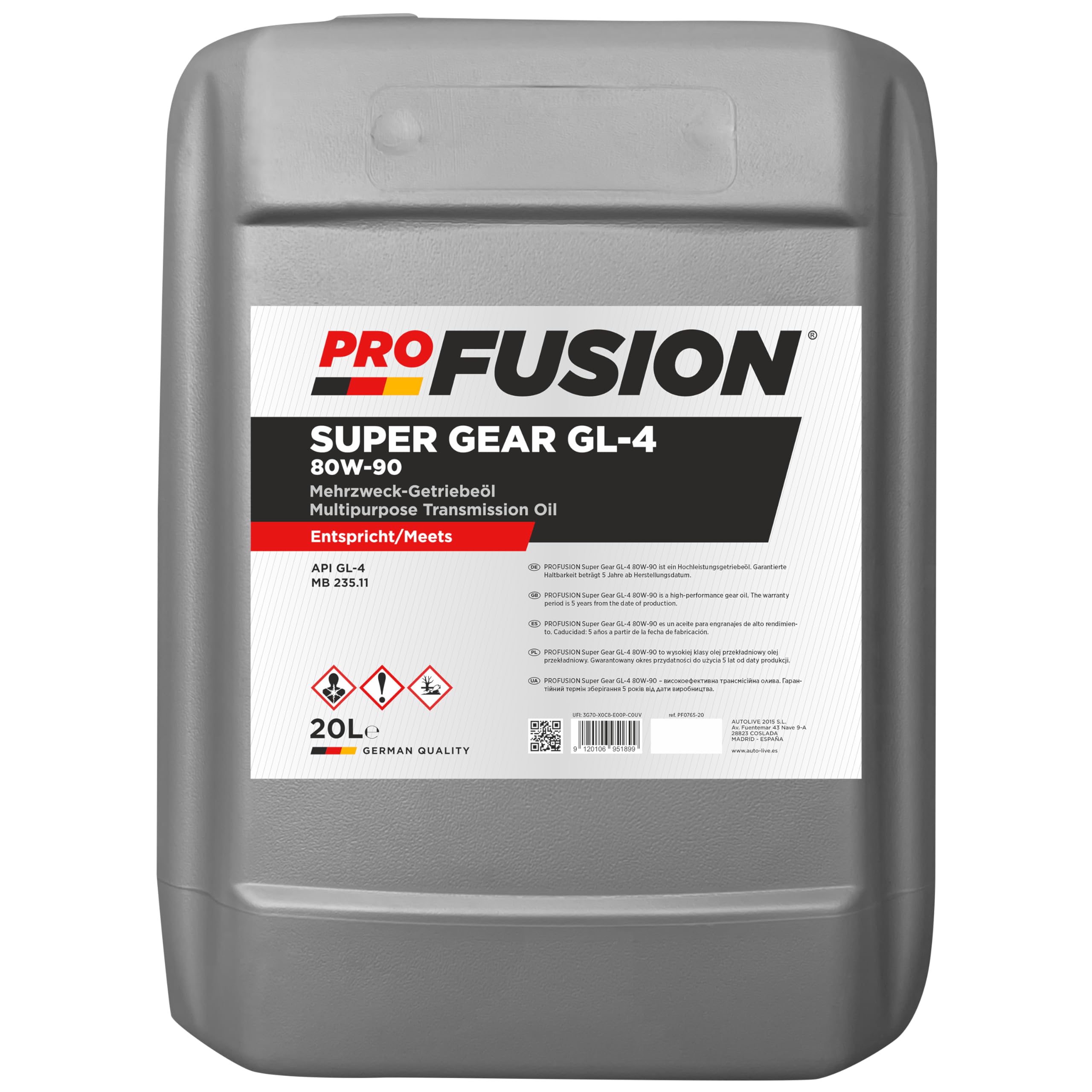 ProFusion 80W-90 20L Super Gear – Aceite de Transmisión Mineral GL-4 MB 235.11 – Valvulina para Cajas Manuales y Ejes Motrices – Alta Estabilidad Térmica