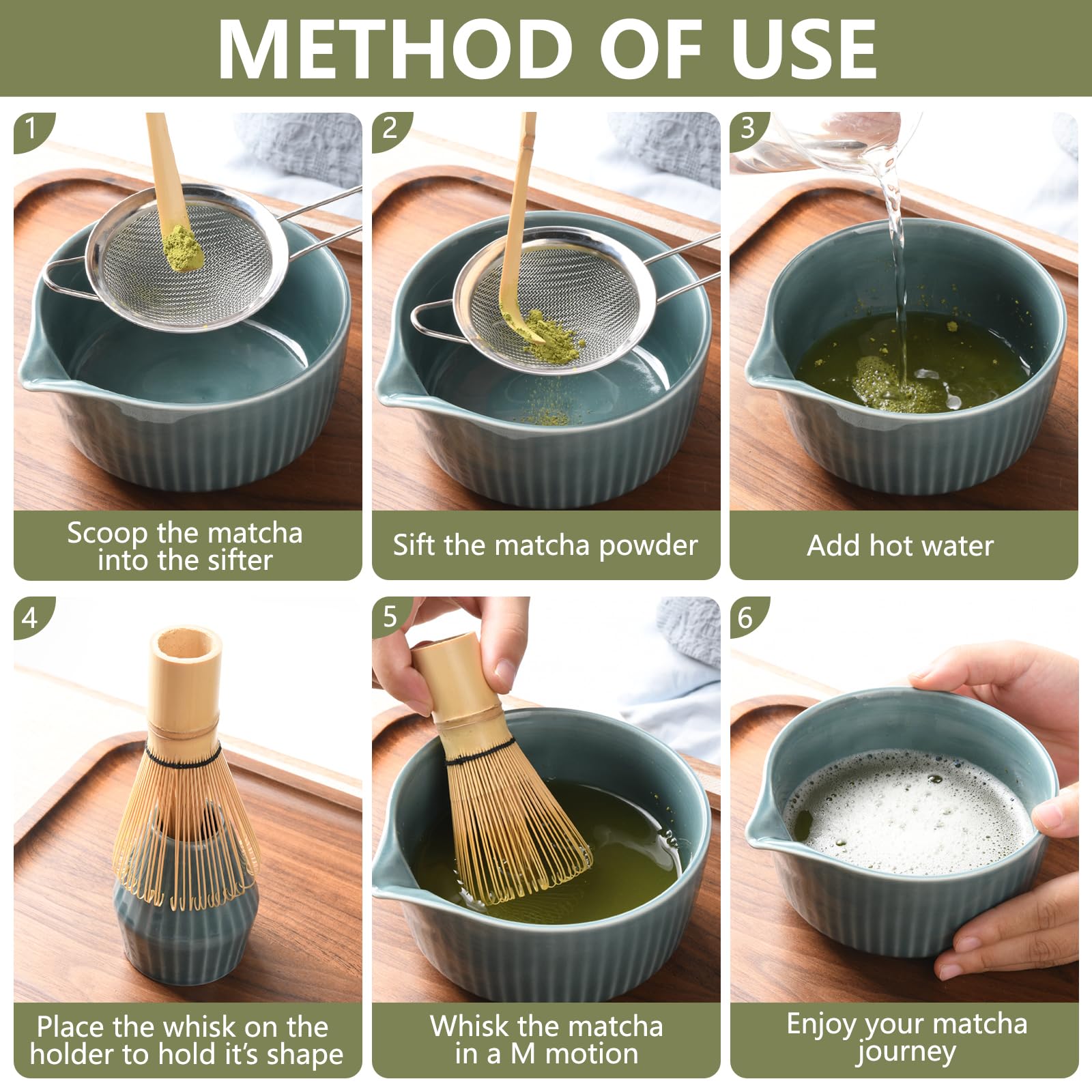 Matcha Kit Completo 7 Pezzi in Regalo Elegante: Ciotola Ceramica, Frullino di Bambù, Set per Tè Giapponese con Base, Setaccio Acciaio + Tovaglietta Lino - Set Matcha Autentico (Blu)