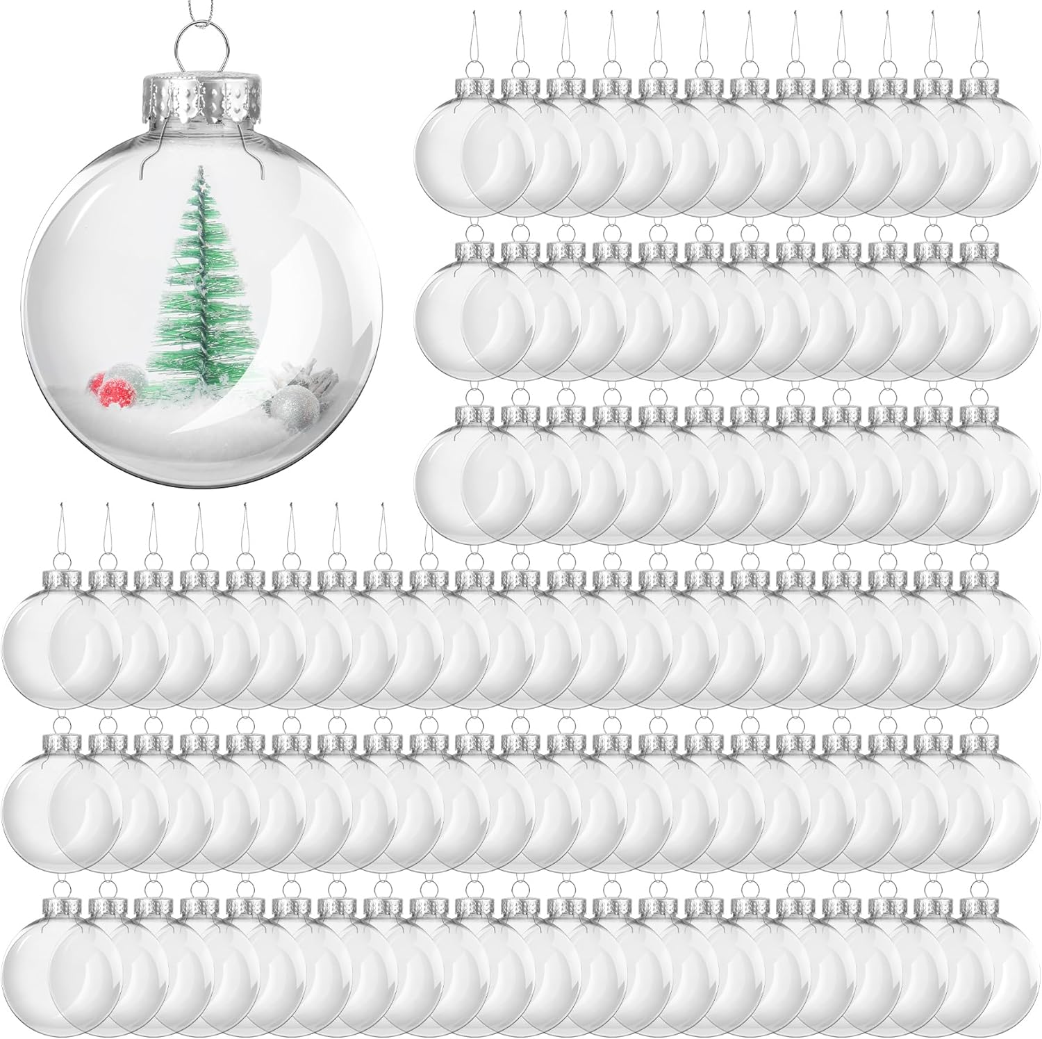 ANVAVO 100 Pieces 3.15 Inch Christmas Round Clear Plastic Ball Ornaments Bulk Removable Top Transparent Hanging Ornaments Ball DIY Fillable Clear Baubles for Xmas Tree Home Party Decor 100 8 cm