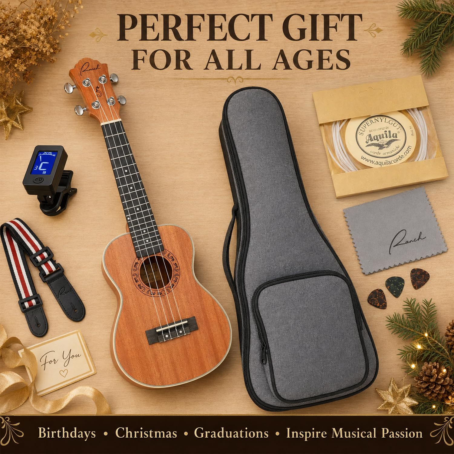 Ranch Konzert Ukulele 23 Zoll Professionelles Holz Ukulele Instrument Kit Mit Online 12 Lektionen Kleine Hawaiier Gitarre Ukulele Pack Bundle Gigbag Digitalem Stimmgerät & Gurt 4 Aquila Saiten Satz | Enthält 12 Online-Lektionen, gepolsterte Gigbag, Stimmg